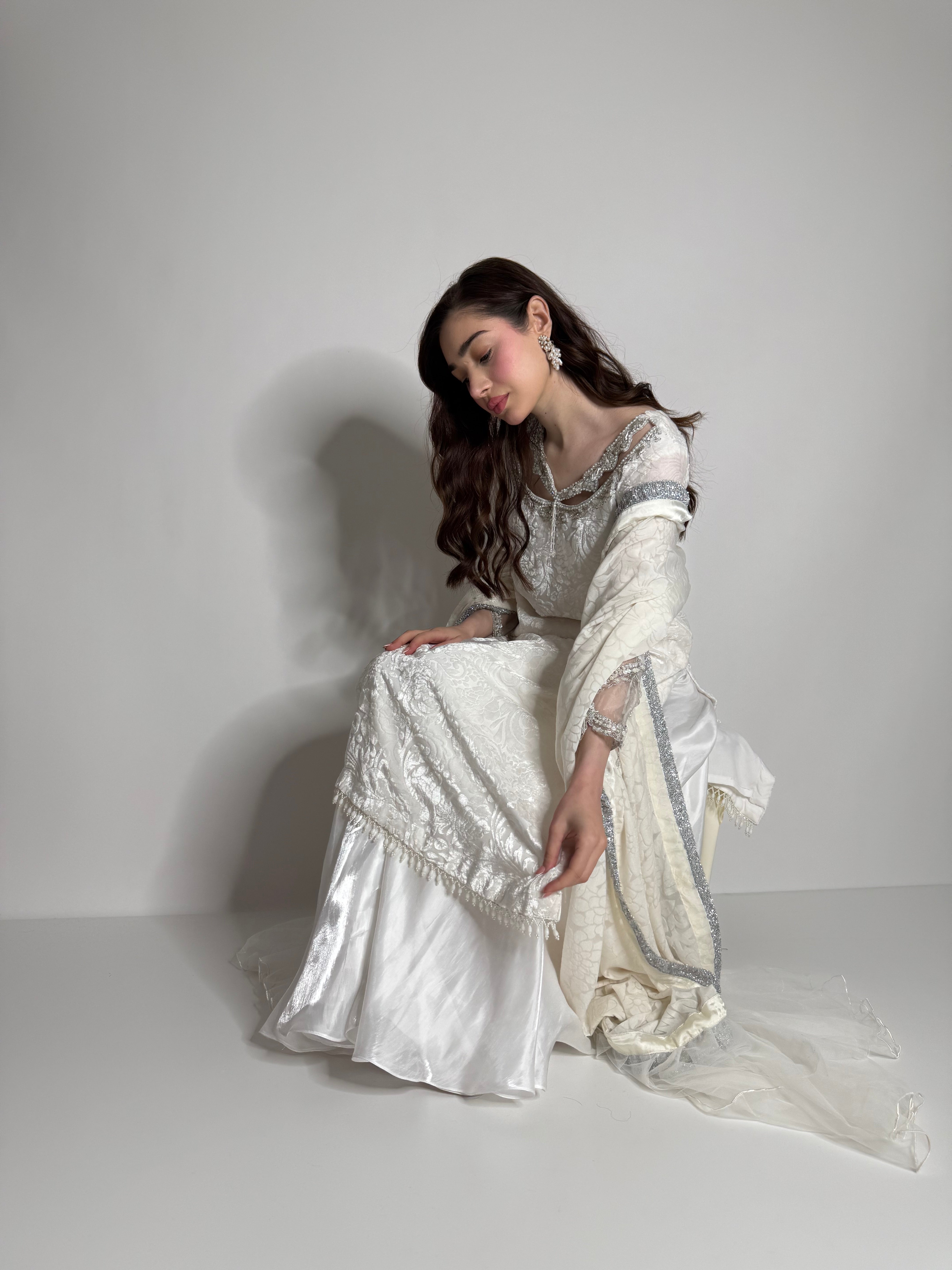 Modest white Pakistani suit UK, embroidered Eid and wedding guest outfit from Ameliyana Origins collection