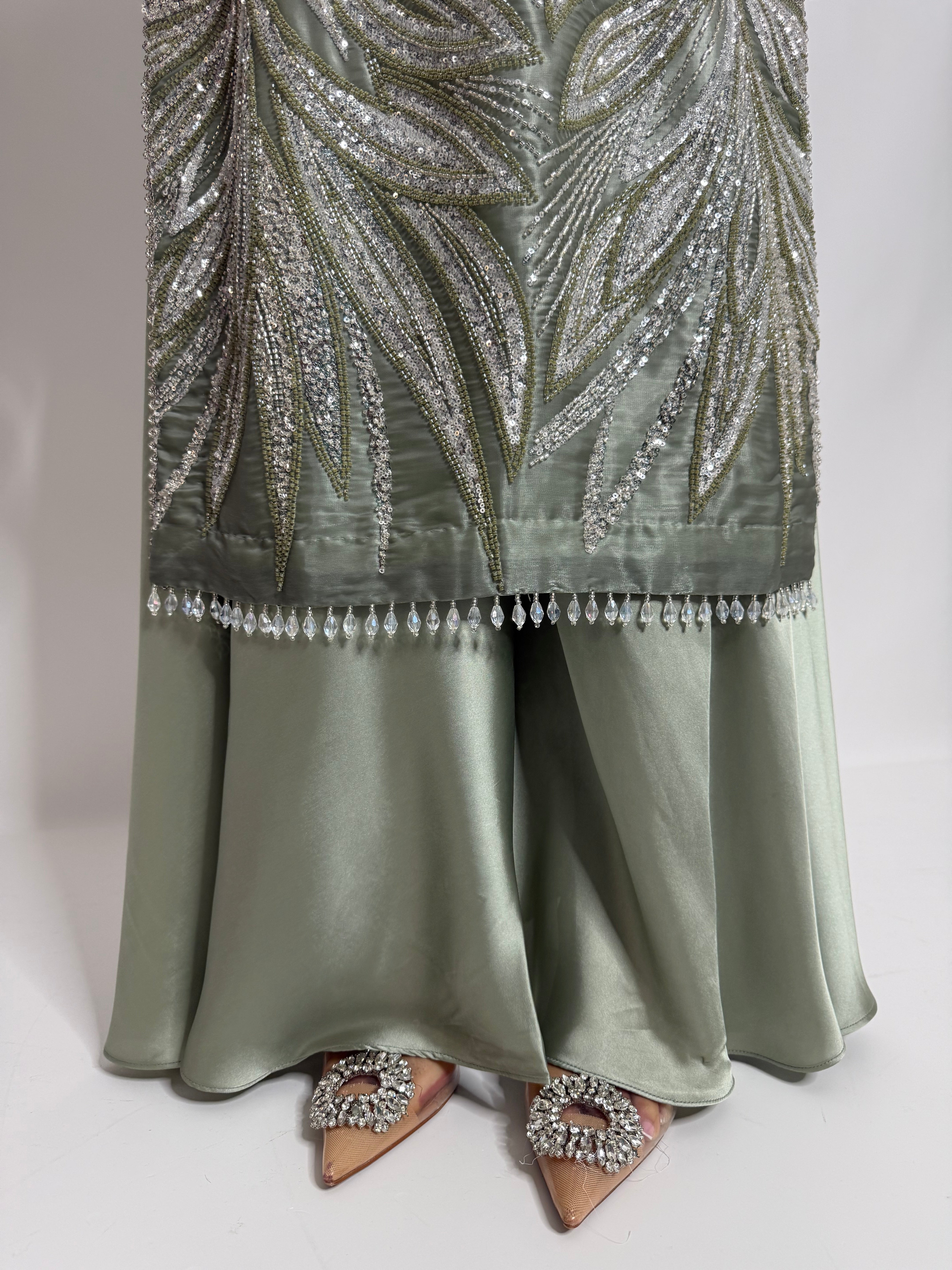 Sage Green Cutdana Silk Sharara Suit UK | The Maelis