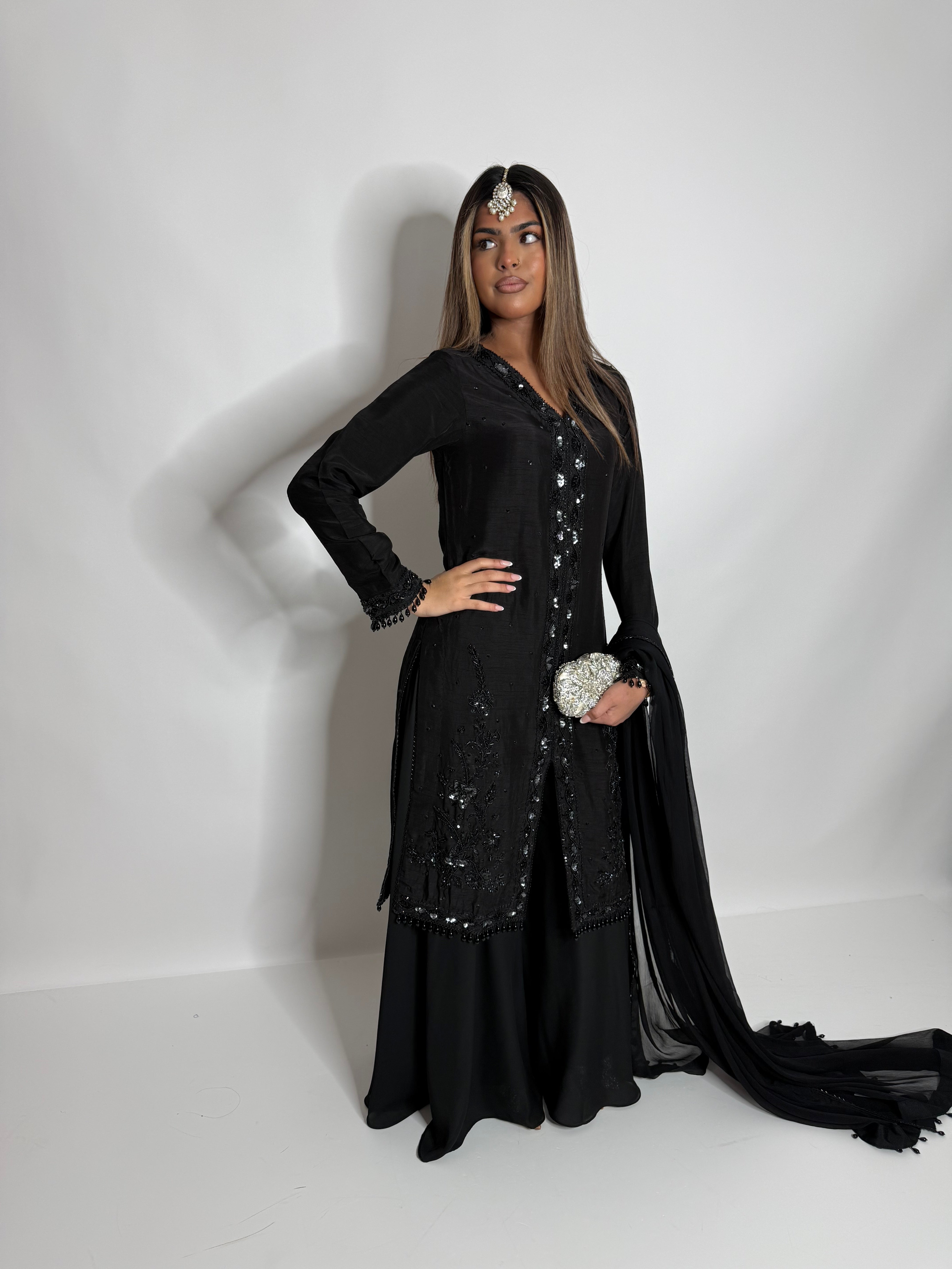 BLACK EMBELLISHED CHIFFON SHARARA THREE PIECE SUIT UK | THE NOIRÉLLE