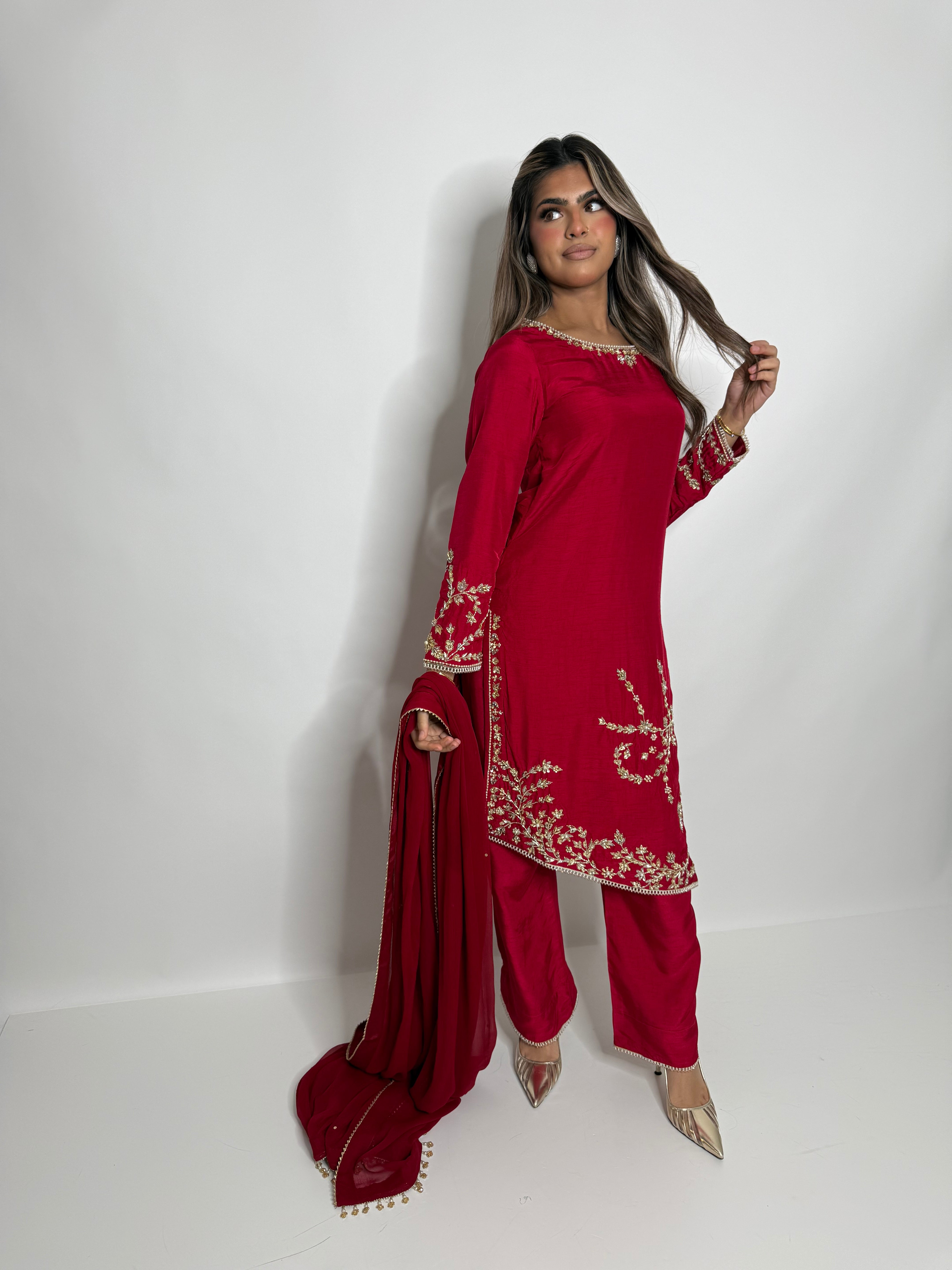 CRIMSON SILK ASYMMETRICAL THREE PIECE SUIT UK | THE SERAPHINA