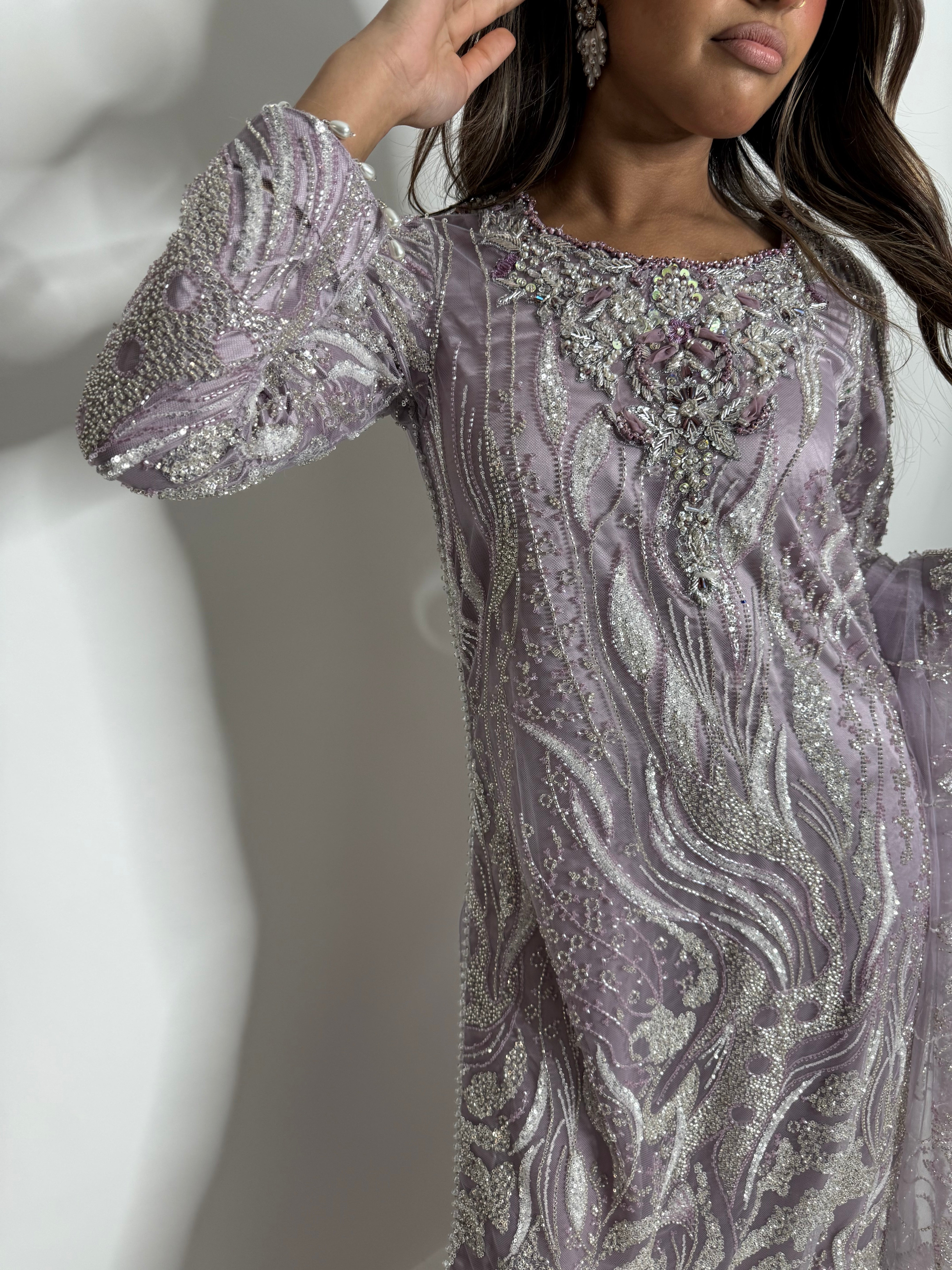 Lilac Cutdana Sharara Three Piece Suit UK | The Valerienne