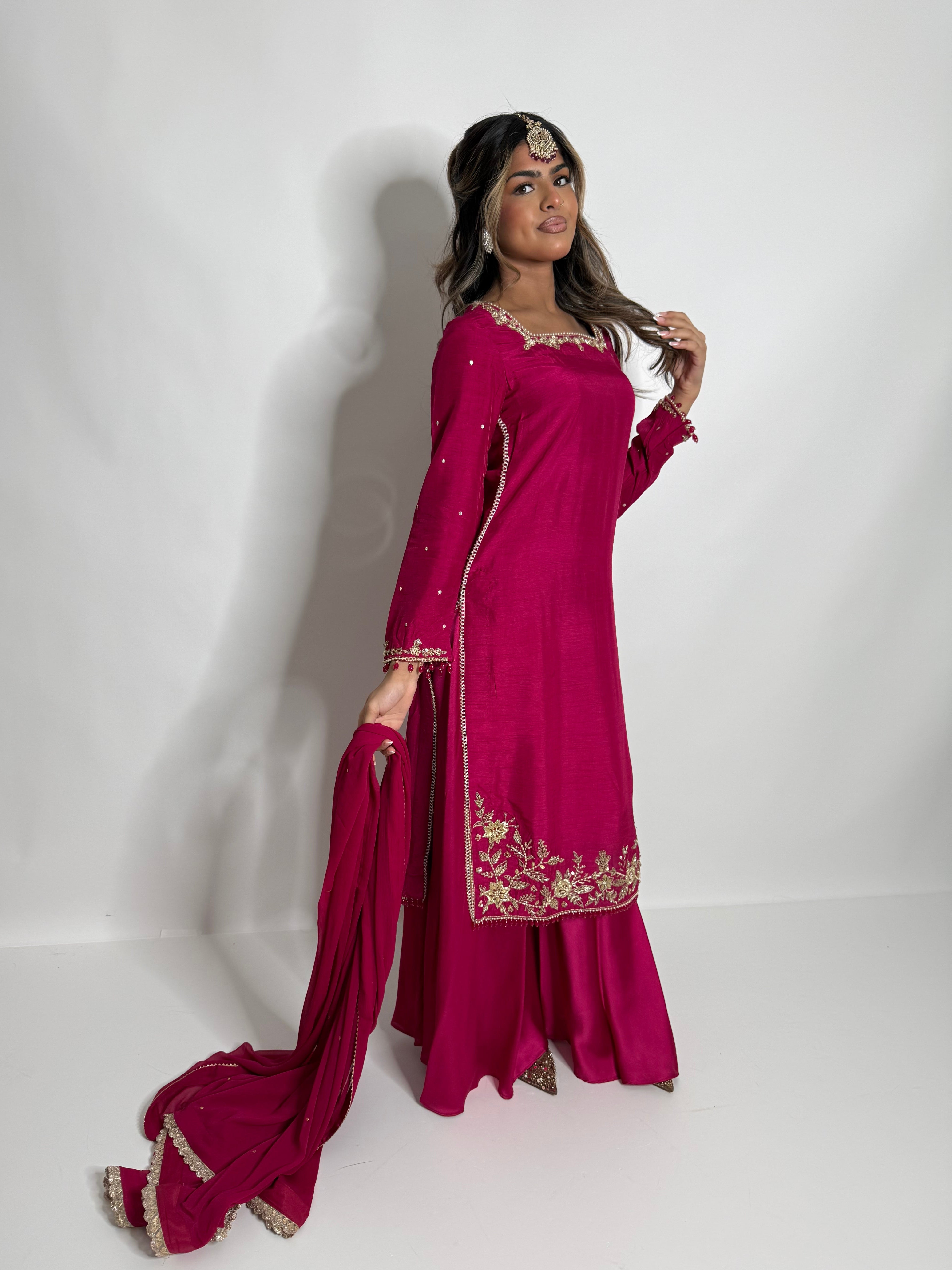 HOT PINK RAW SILK SHARARA SUIT UK | THE ZEPHYRA ROSE