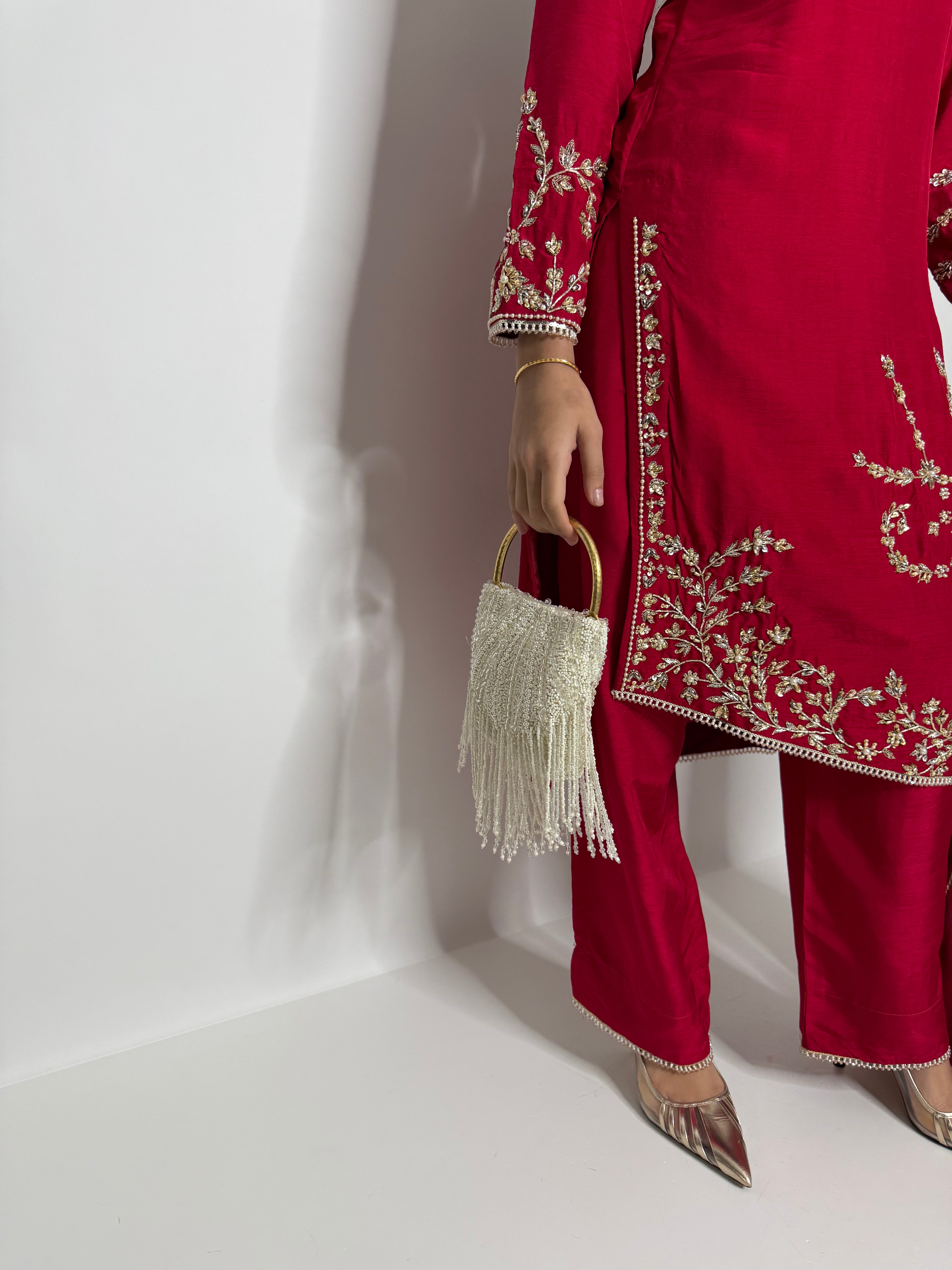 CRIMSON SILK ASYMMETRICAL THREE PIECE SUIT UK | THE SERAPHINA
