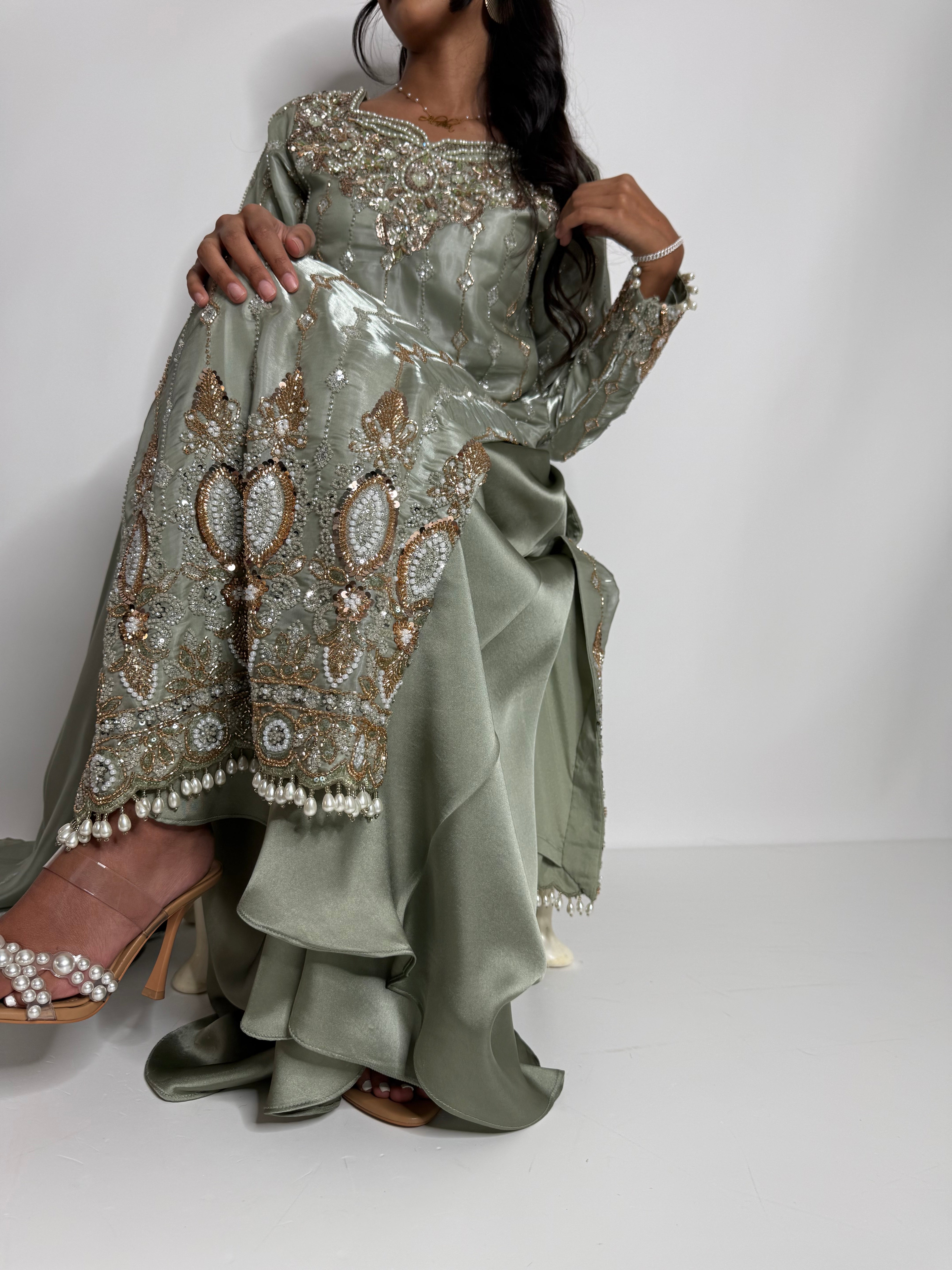 MAHZABIN | Sage Silk Sharara with Cutdana Embroidery