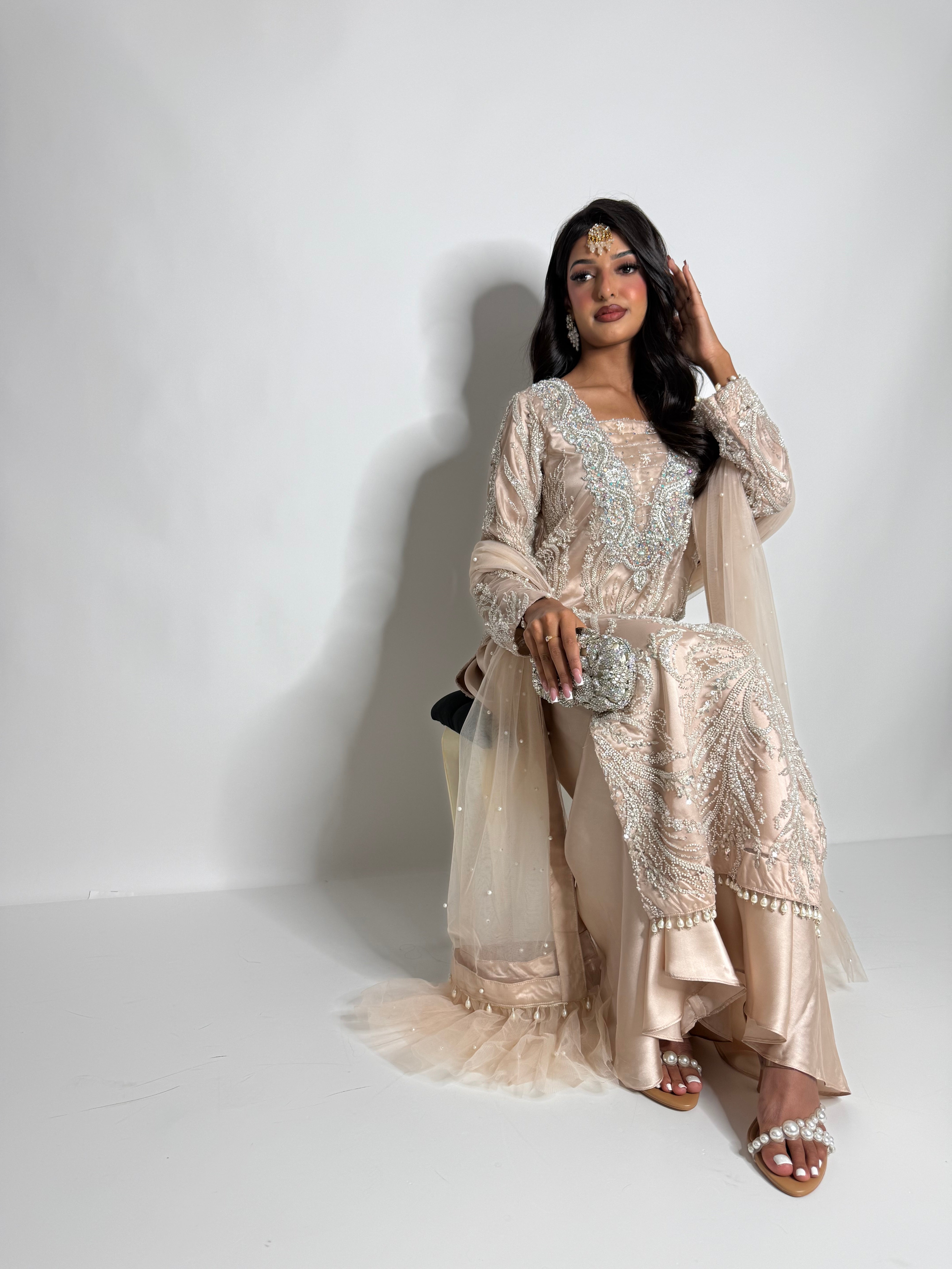 Nooré | Luxury Pakistani Nude Hand Embellished Sharara Suit UK