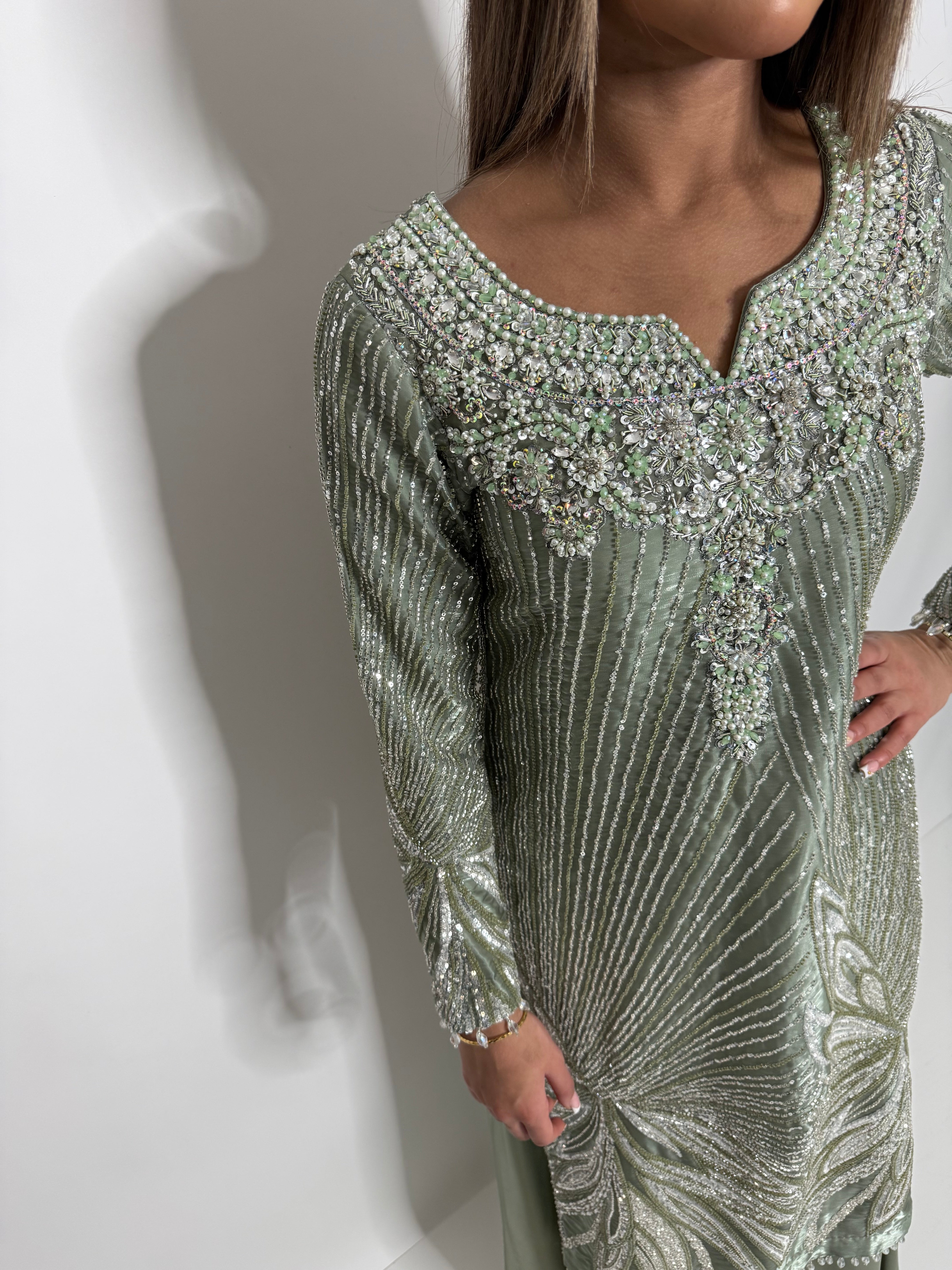 Sage Green Cutdana Silk Sharara Suit UK | The Maelis