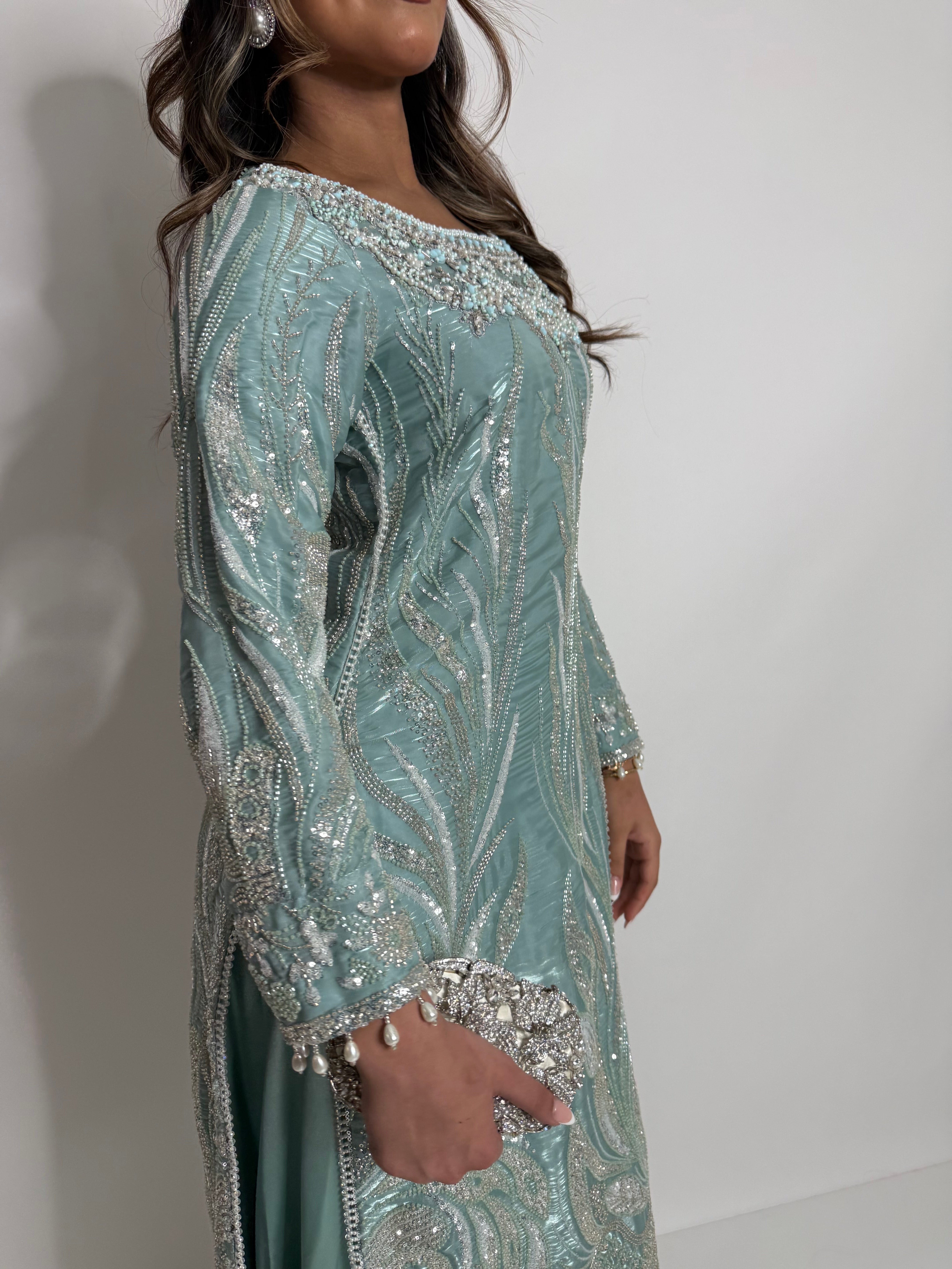 MINT SILK CUTDANA EMBROIDERED SHARARA SUIT UK | THE KAIA MIRETH