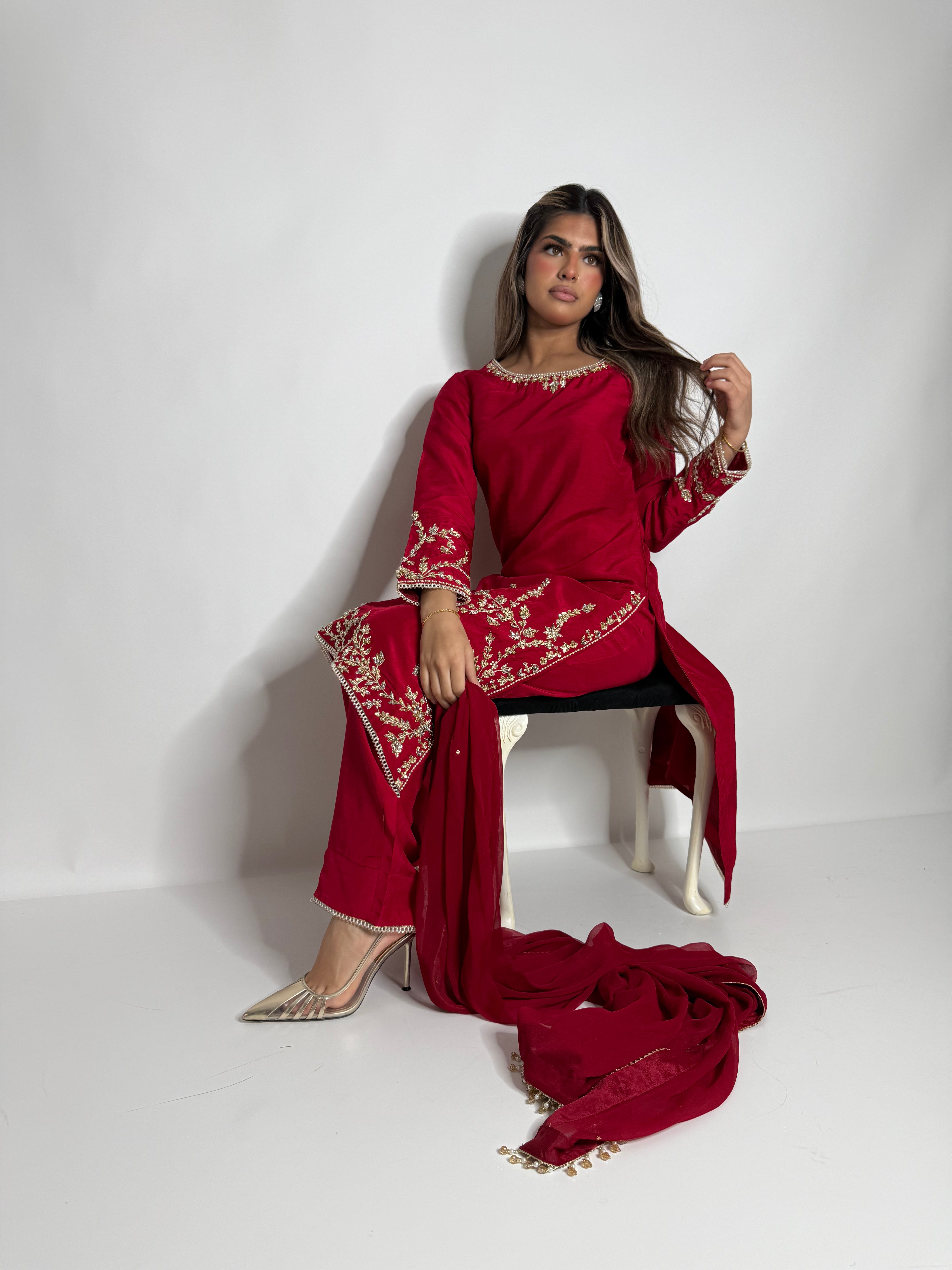 CRIMSON SILK ASYMMETRICAL THREE PIECE SUIT UK | THE SERAPHINA