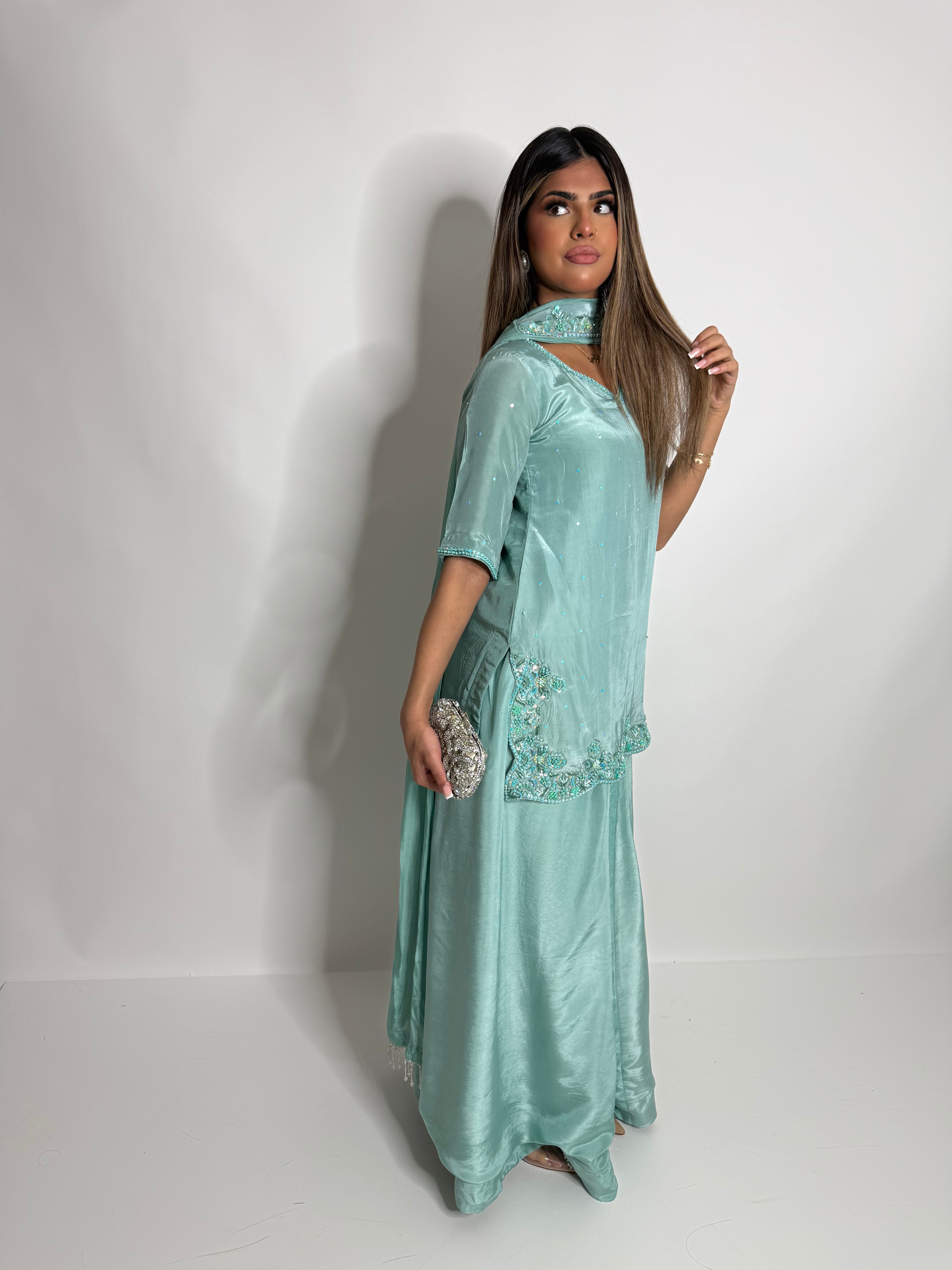 Hooré | Pakistani Mint Silk Sharara Suit UK | Wedding Guest, Eid & Party Wear