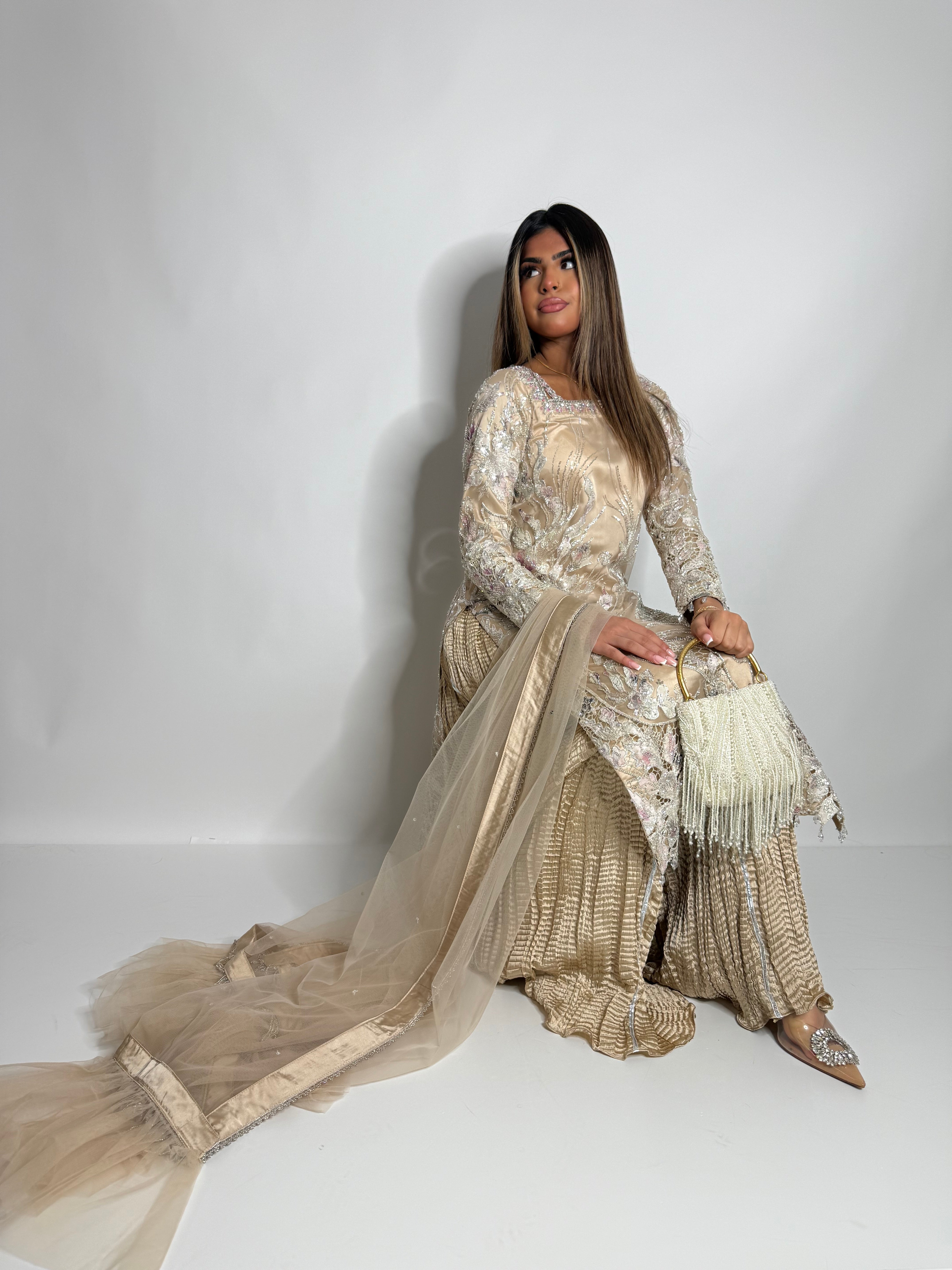 Zarqash | Luxury Pakistani Champagne Cutdana Sharara Suit UK | Wedding Guest, Nikkah & Eid Occasion Wear