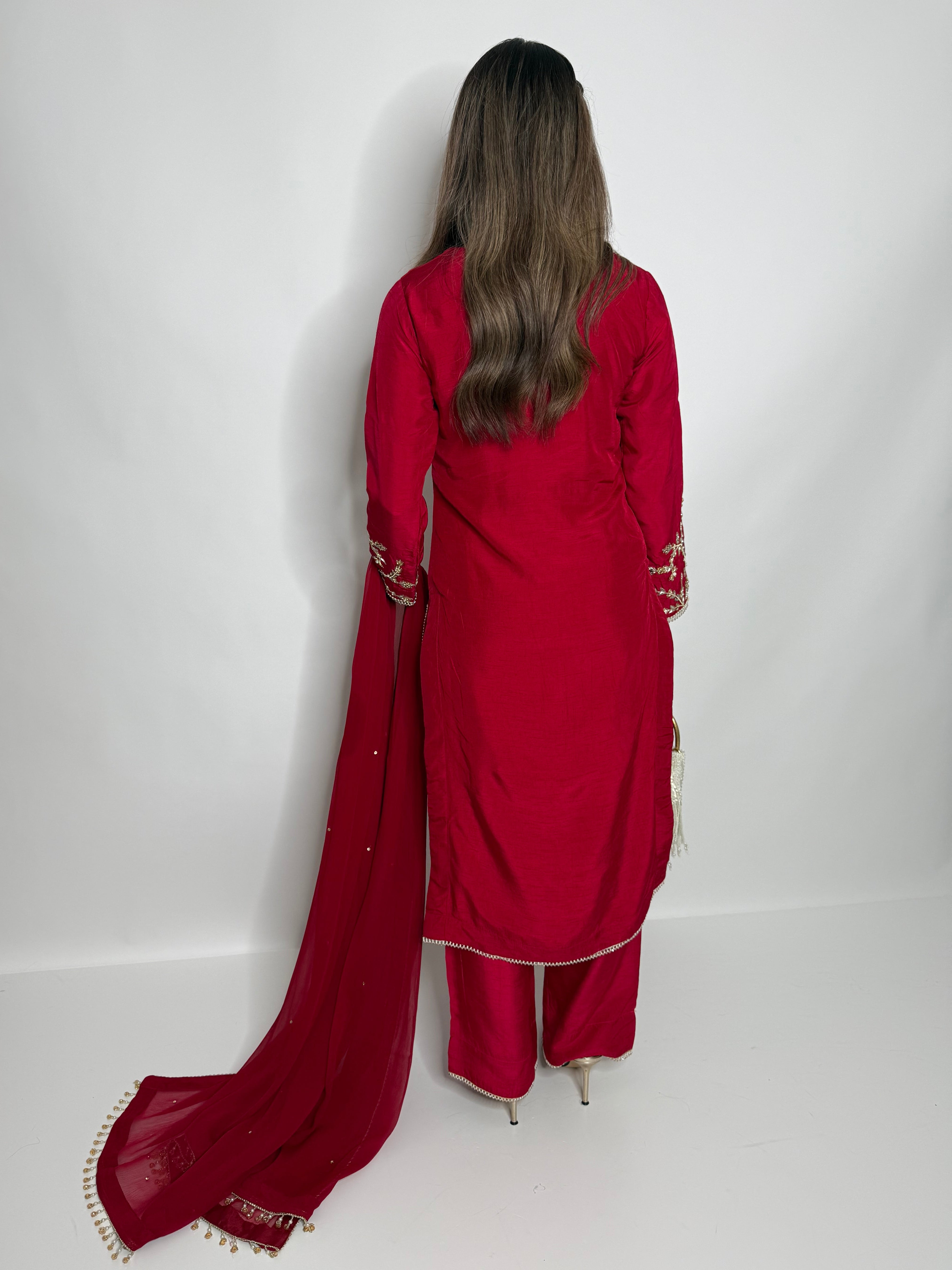 CRIMSON SILK ASYMMETRICAL THREE PIECE SUIT UK | THE SERAPHINA