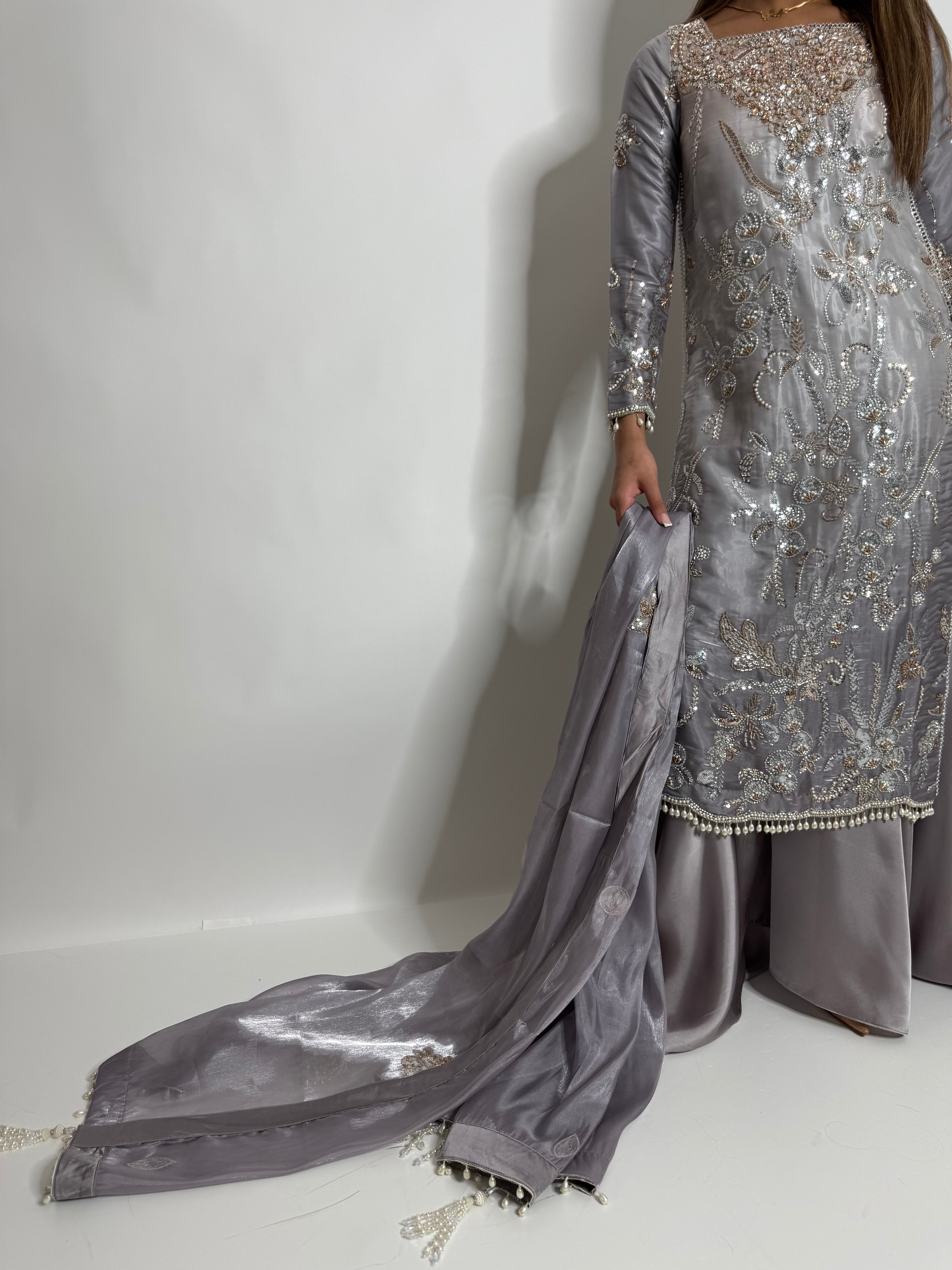 FALAK ARA | LUXURY PAKISTANI SOFT LAVENDER HAND EMBROIDERED SILK SHARARA SUIT UK | WEDDING GUEST, EID & PARTY WEAR