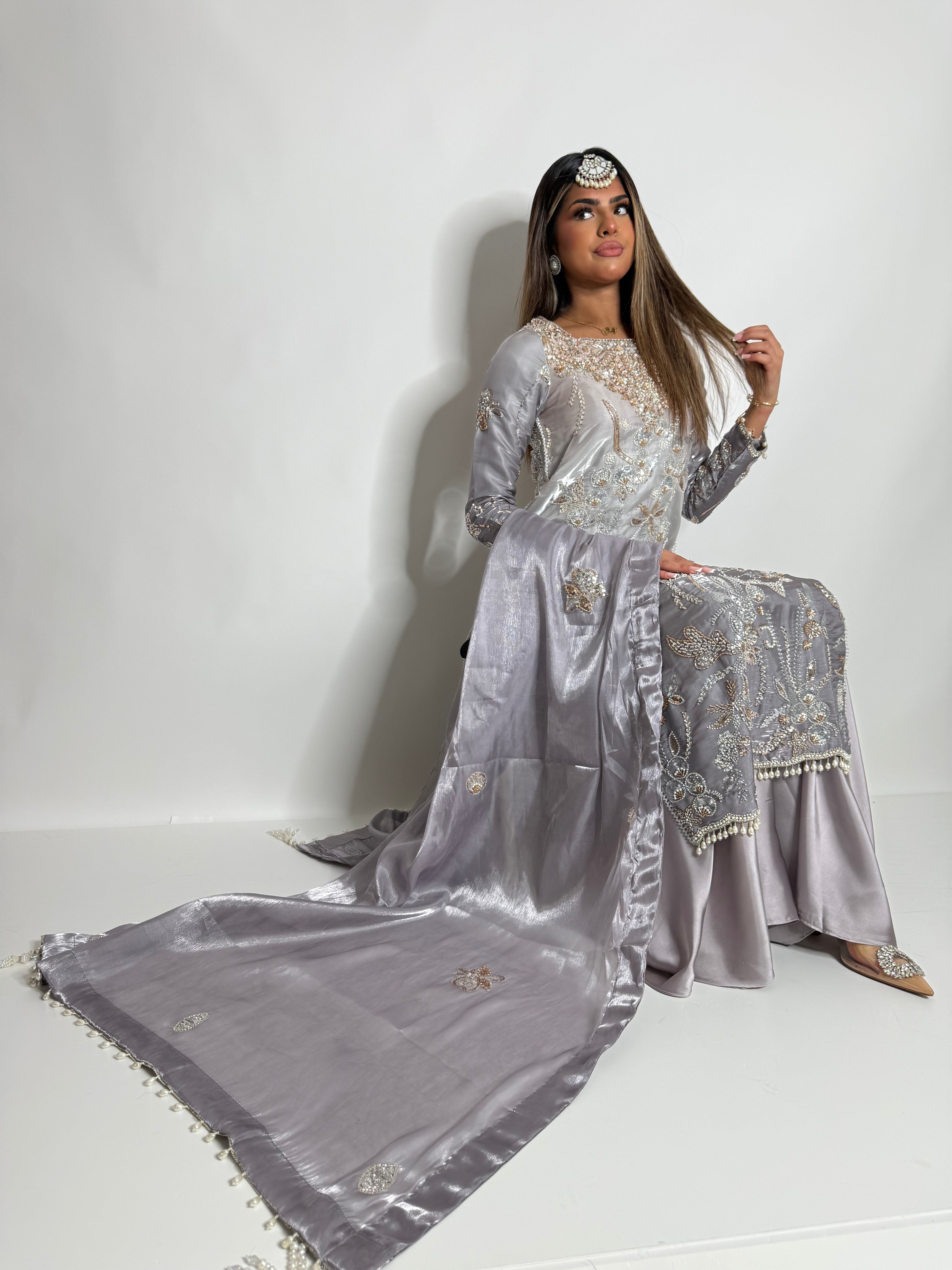 FALAK ARA | LUXURY PAKISTANI SOFT LAVENDER HAND EMBROIDERED SILK SHARARA SUIT UK | WEDDING GUEST, EID & PARTY WEAR