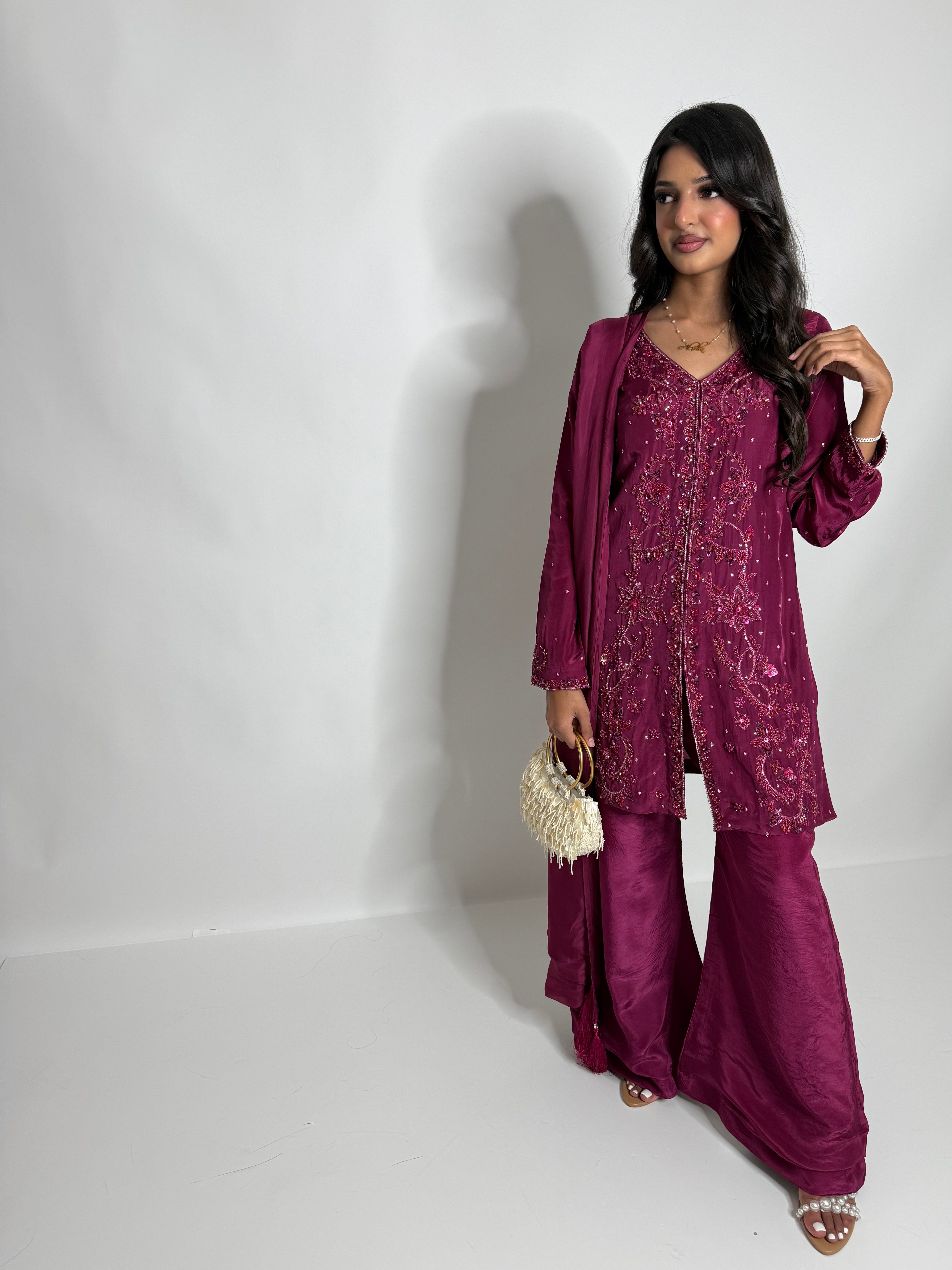 Mahveen | Luxury Pakistani Magenta Silk Sharara Suit UK | Hand Embroidered Wedding Guest & Eid Occasion Wear