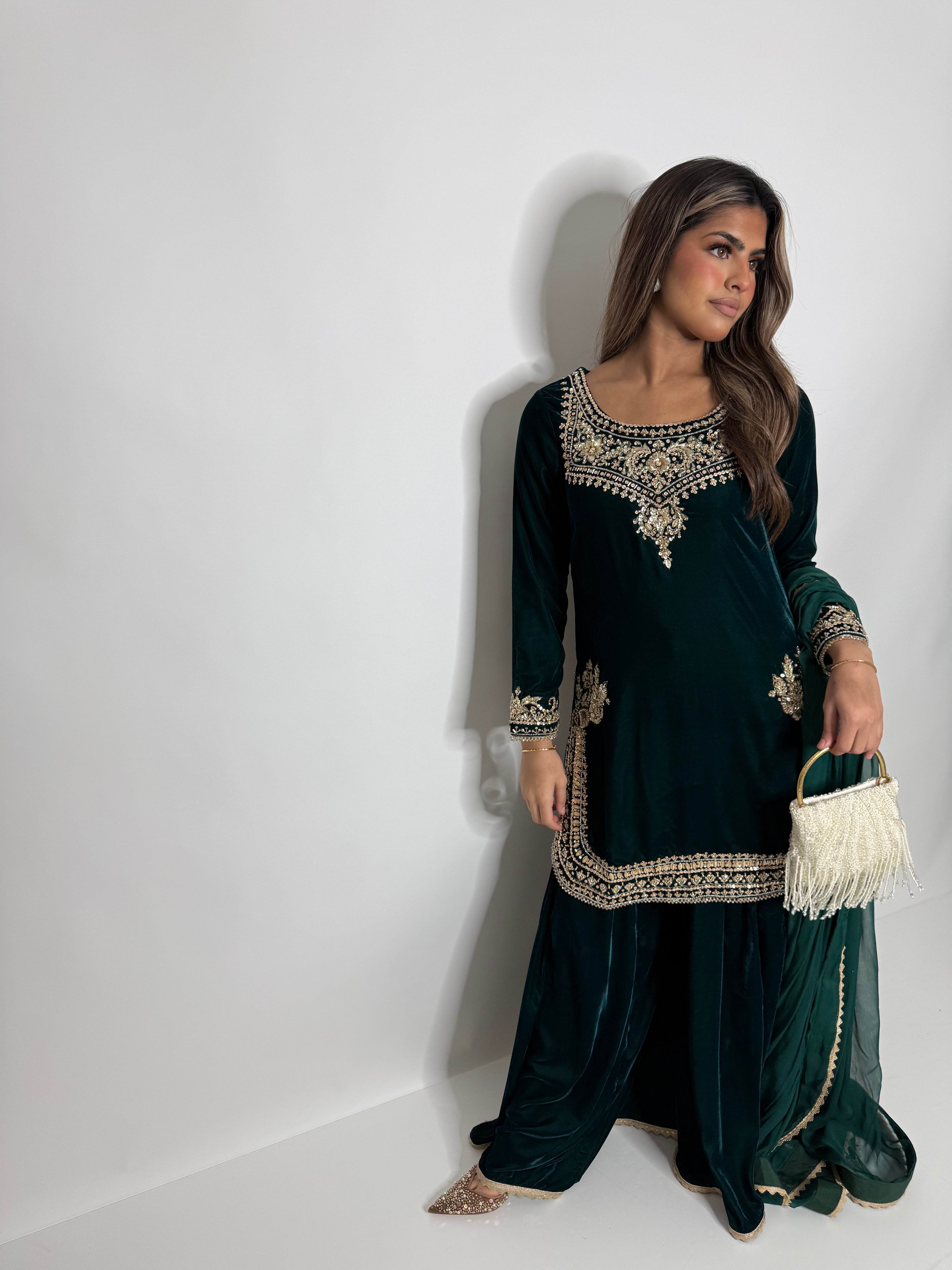 EMERALD MICRO VELVET SHARARA THREE PIECE SUIT UK | THE VARELLA