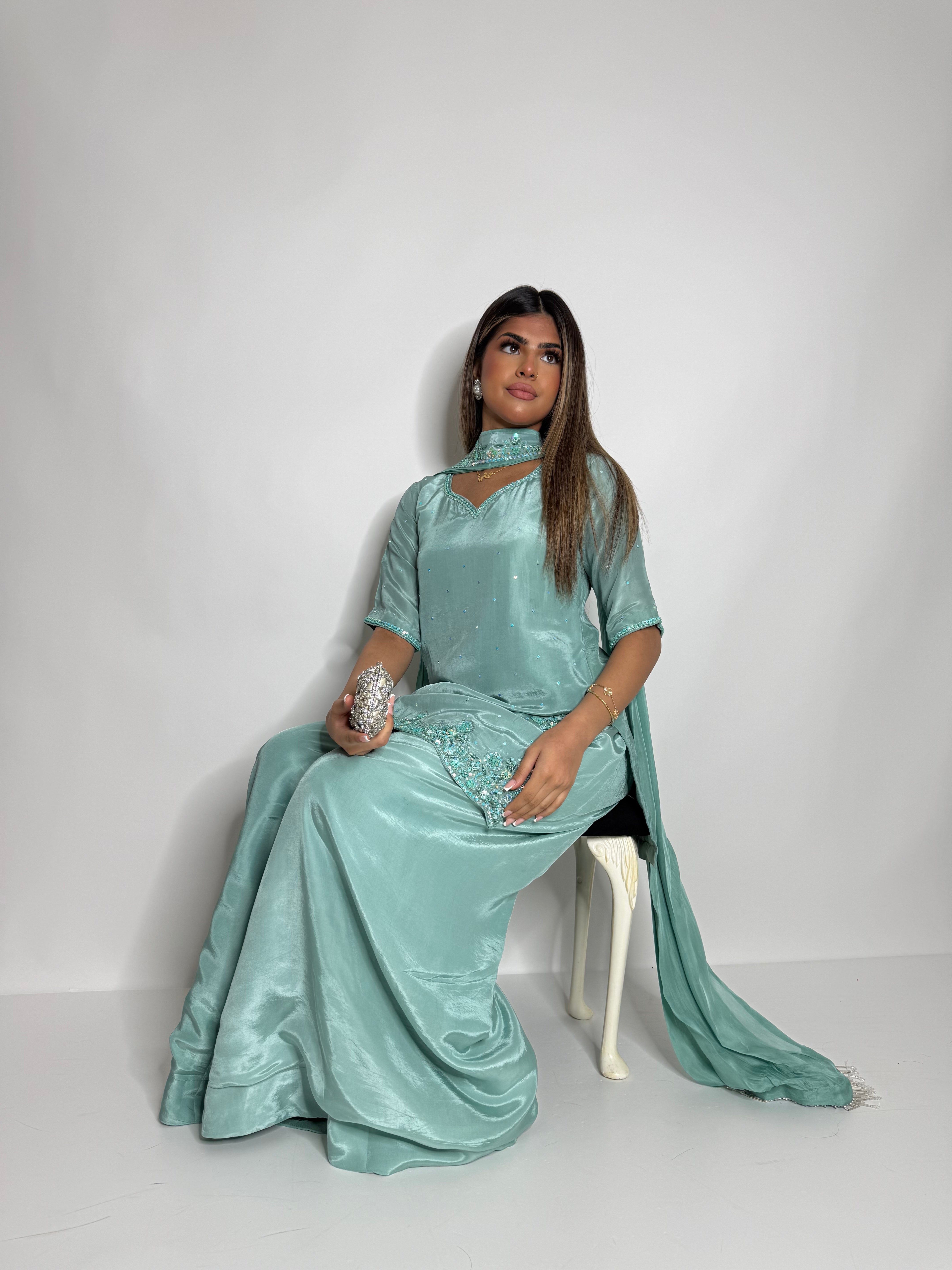 Hooré | Pakistani Mint Silk Sharara Suit UK | Wedding Guest, Eid & Party Wear