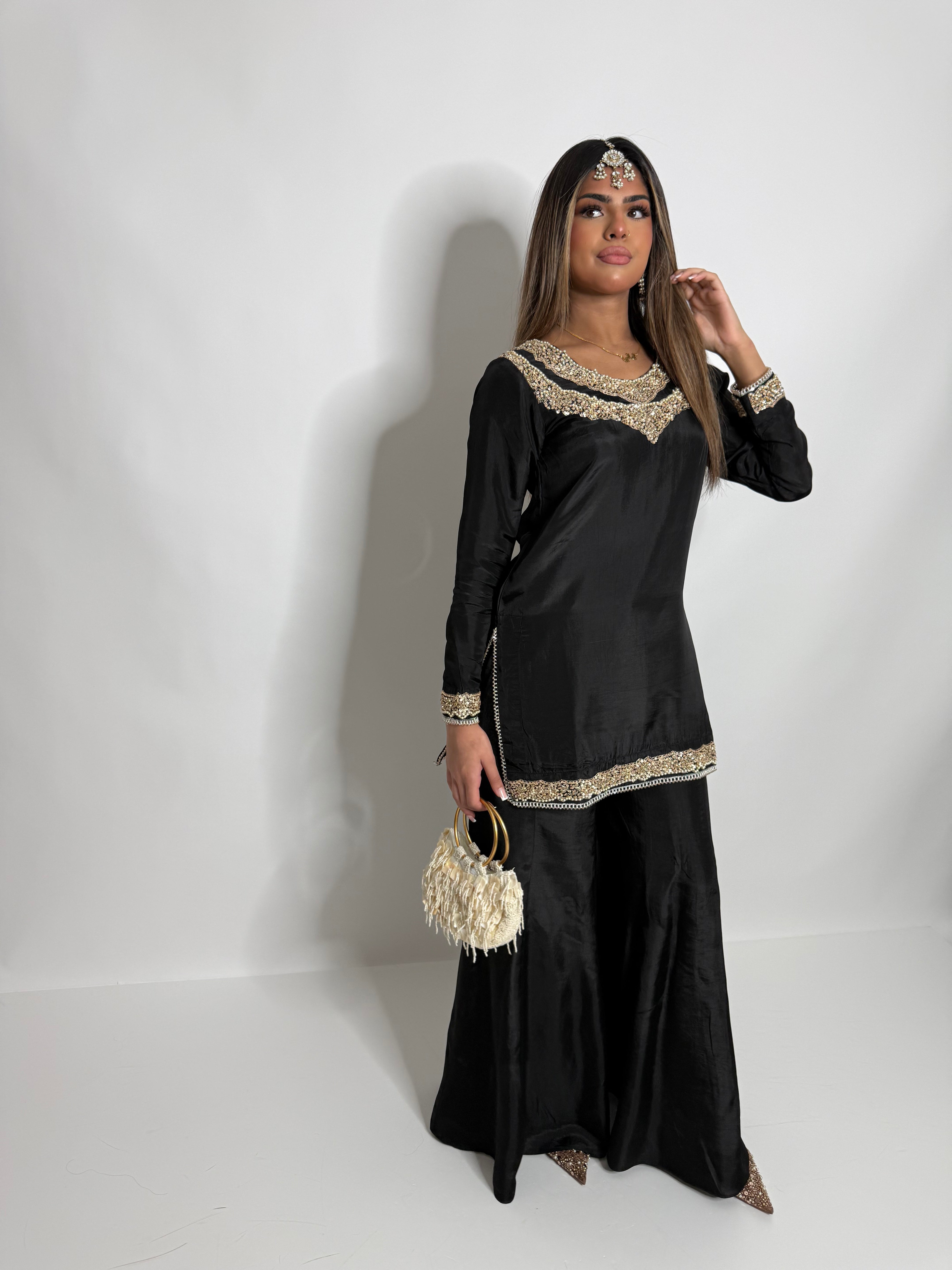 BLACK SILK SHARARA SUIT UK | THE KAIA NOIRE
