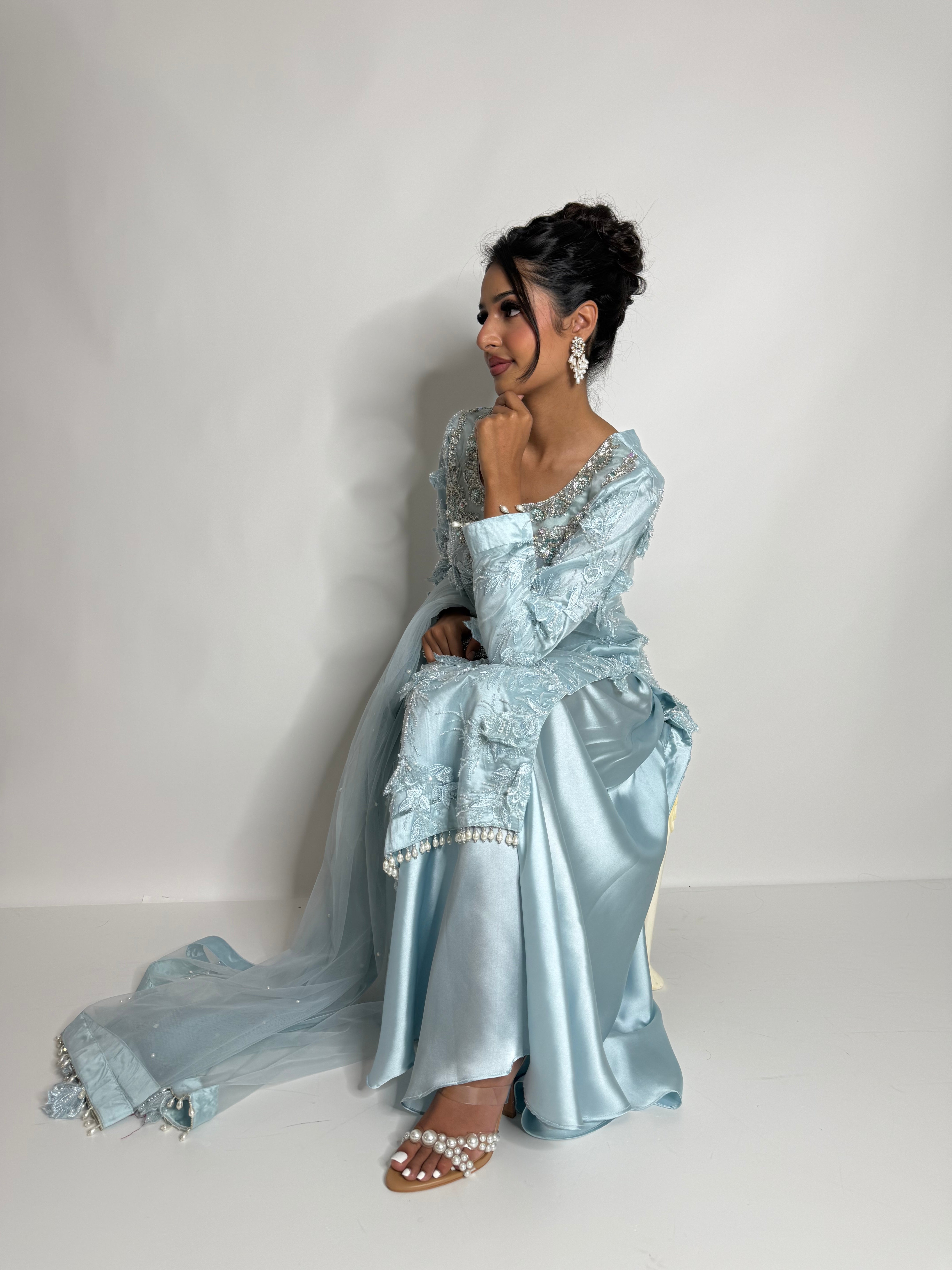 Azurielle | Luxury Pakistani Ice Blue Silk Sharara Suit UK | Wedding Guest & Eid Occasion Wear