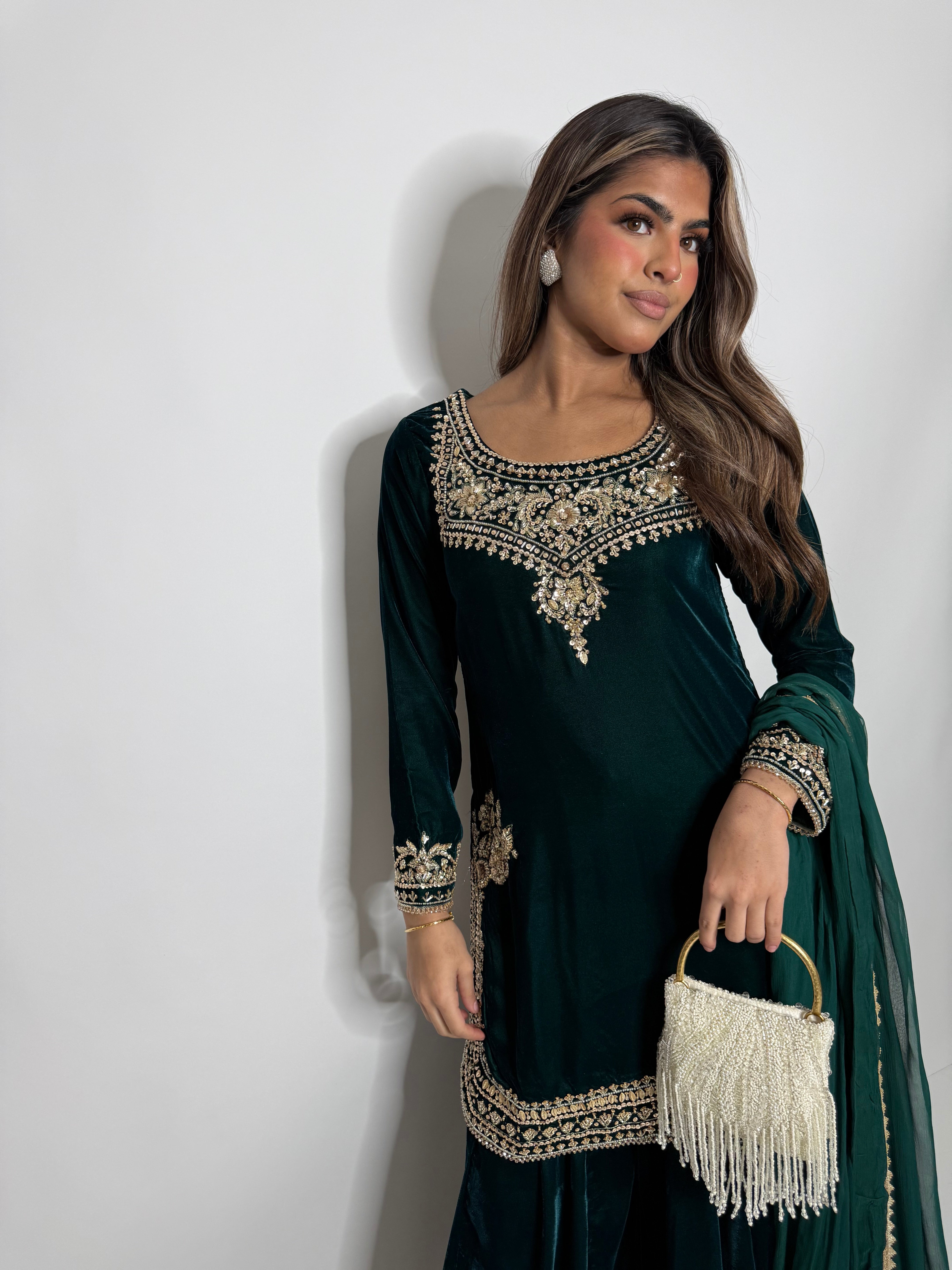 EMERALD MICRO VELVET SHARARA THREE PIECE SUIT UK | THE VARELLA