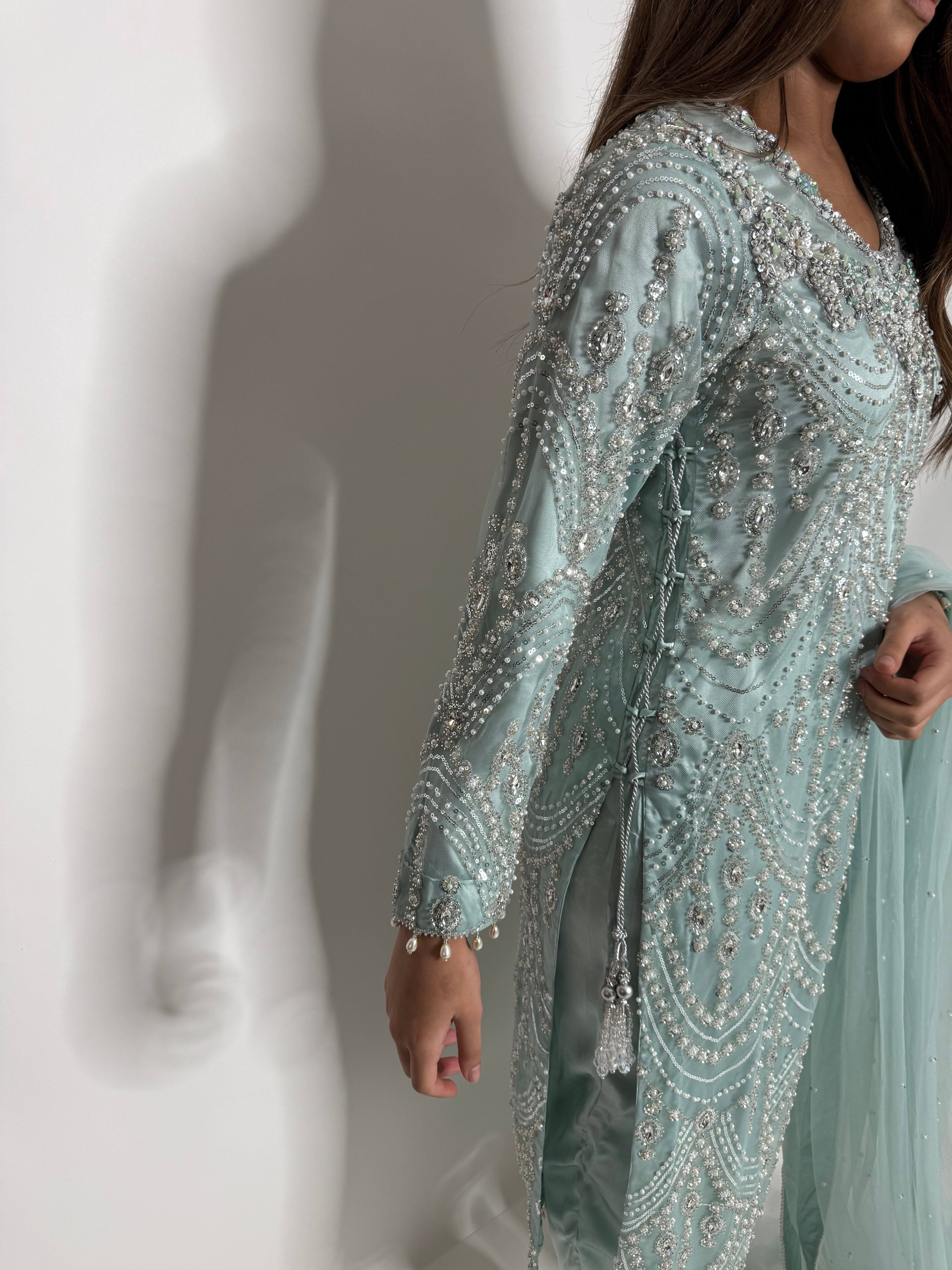 Celadon Cutdana Three Piece Suit UK | The Ismeria