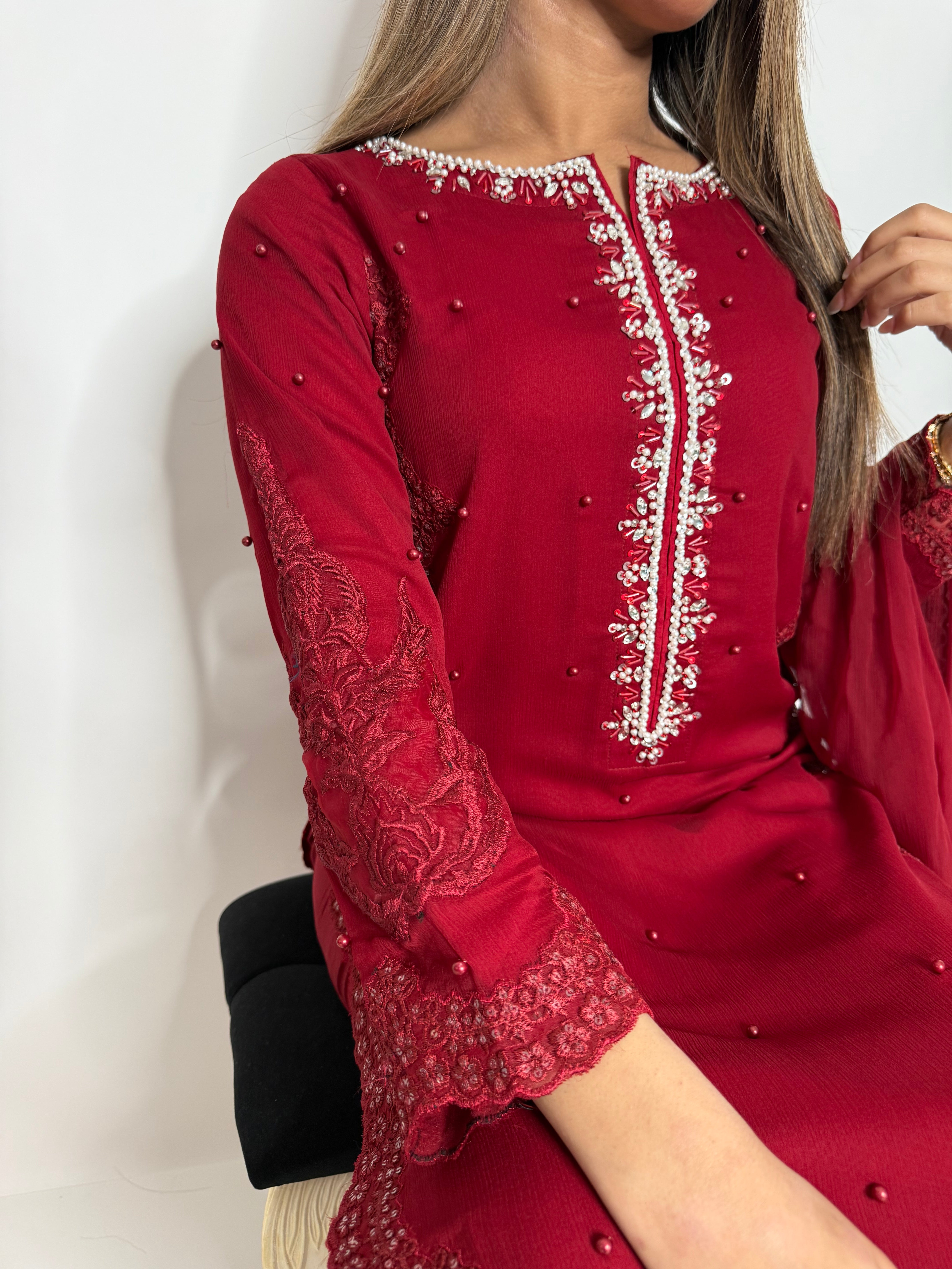 RED EMBROIDERED THREE PIECE SUIT UK | THE AMARA RUE