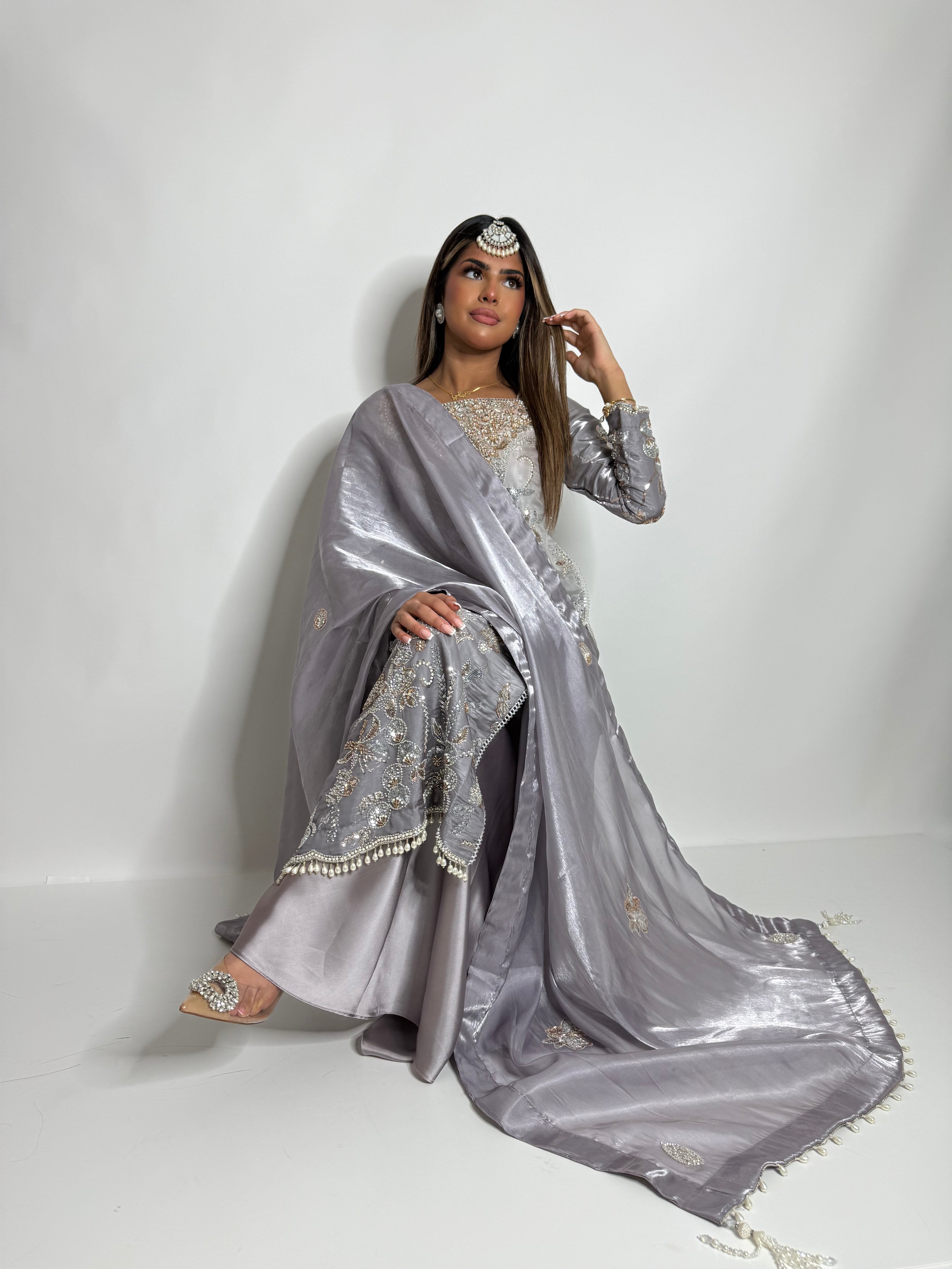 FALAK ARA | LUXURY PAKISTANI SOFT LAVENDER HAND EMBROIDERED SILK SHARARA SUIT UK | WEDDING GUEST, EID & PARTY WEAR