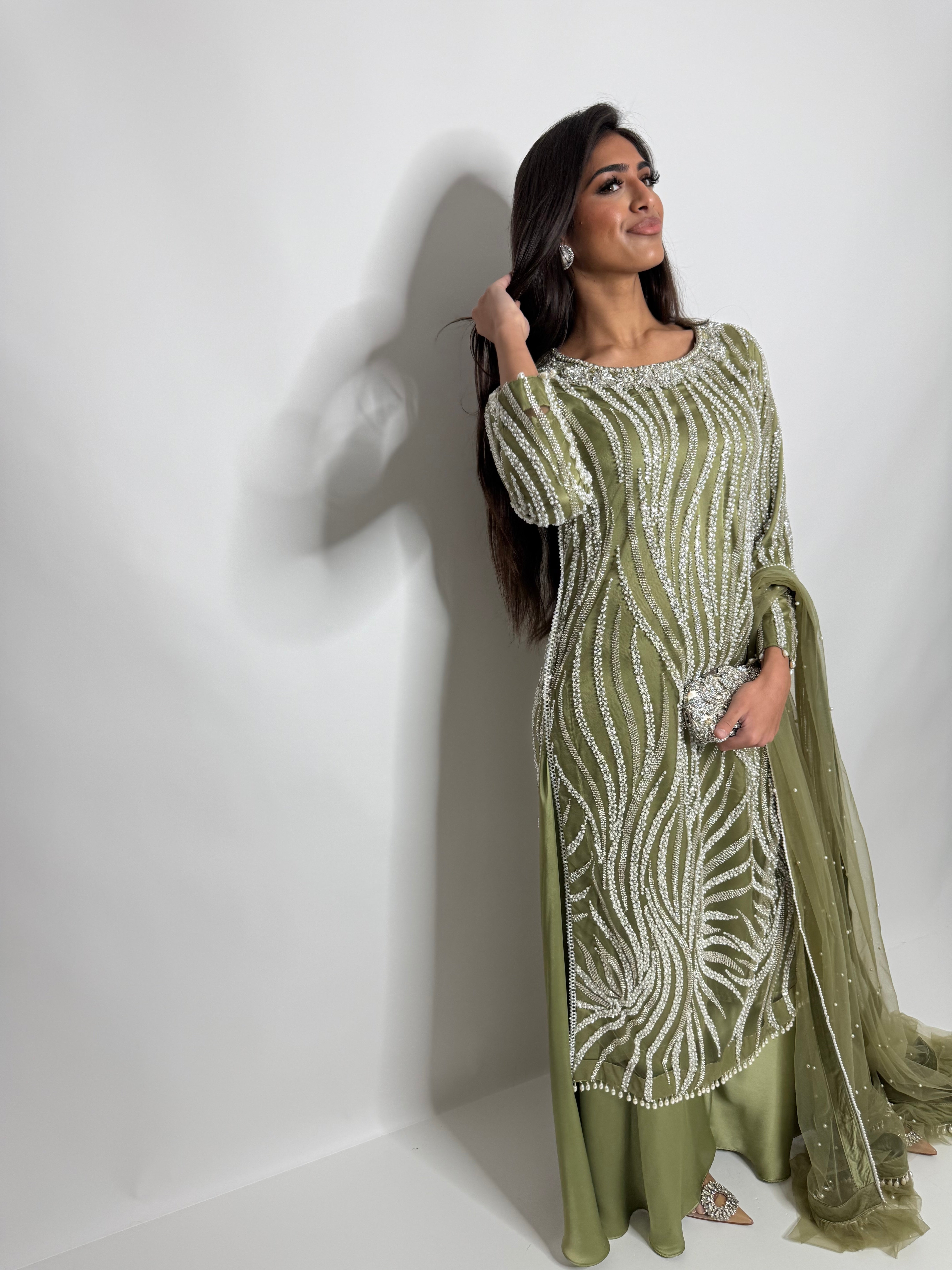 Olive Green Cutdana Sharara Three Piece Suit UK | The Mirabelle