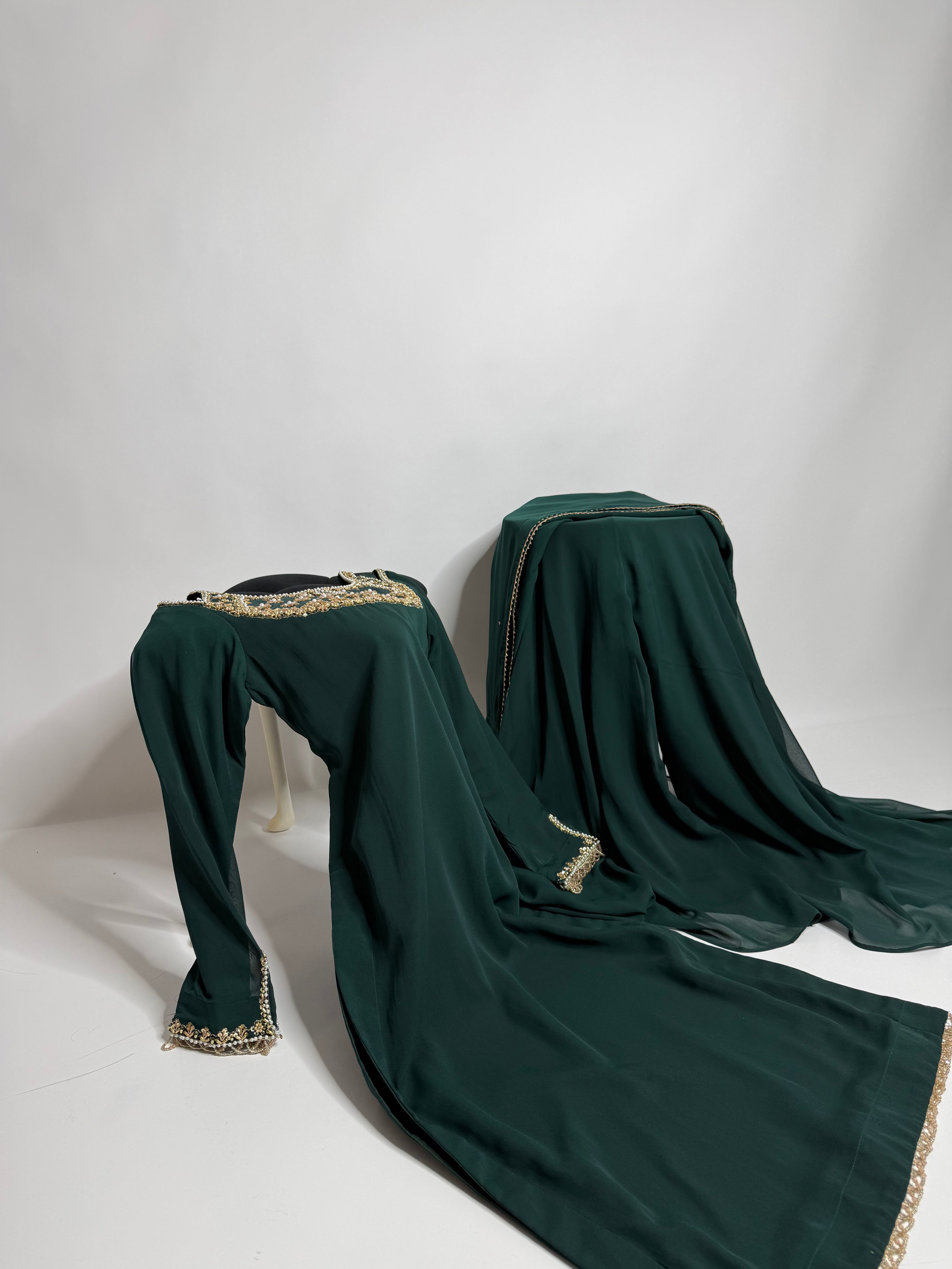 Emerald Chiffon Sharara Three Piece Suit UK | The Kaelisse
