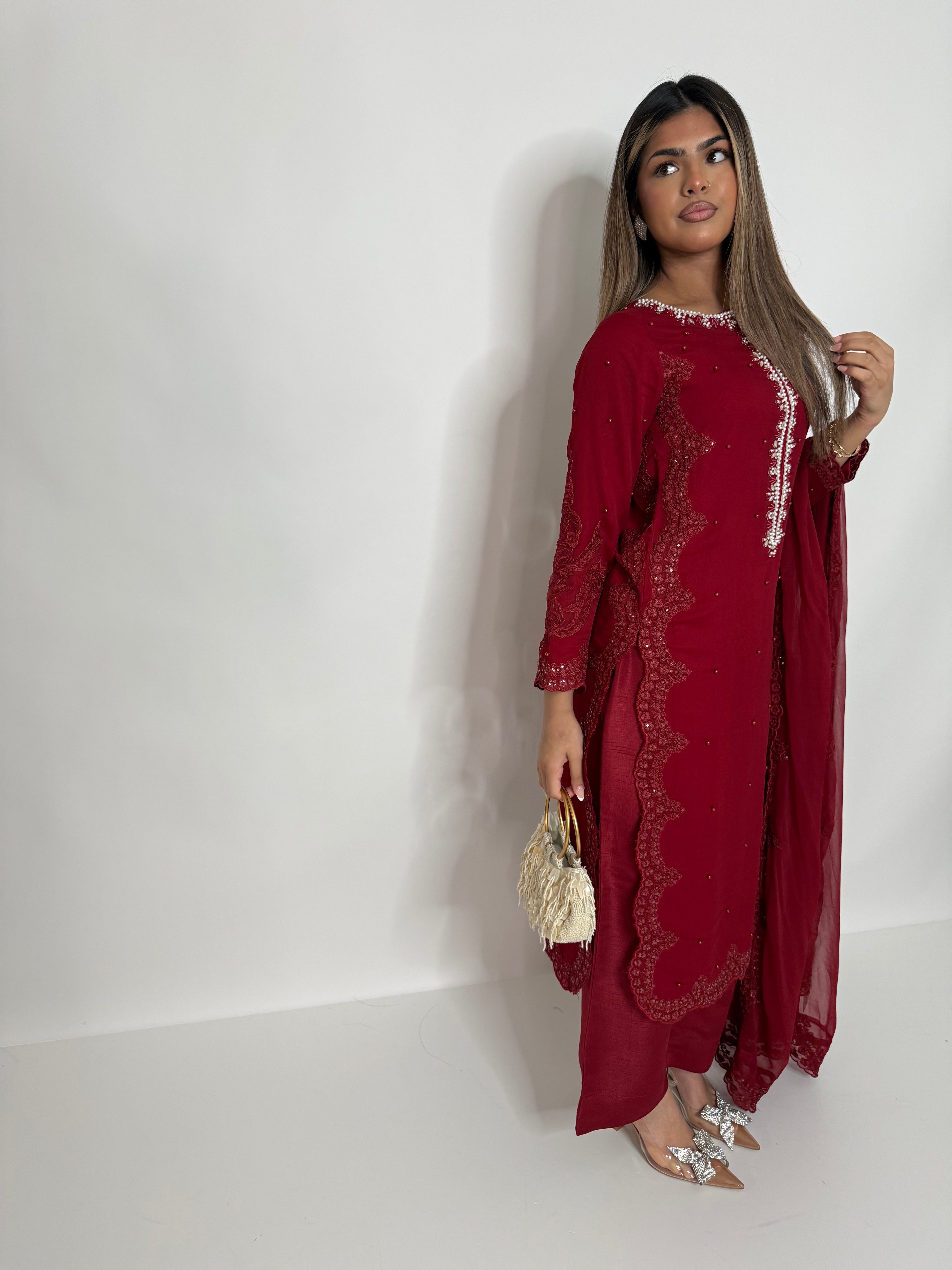 RED EMBROIDERED THREE PIECE SUIT UK | THE AMARA RUE