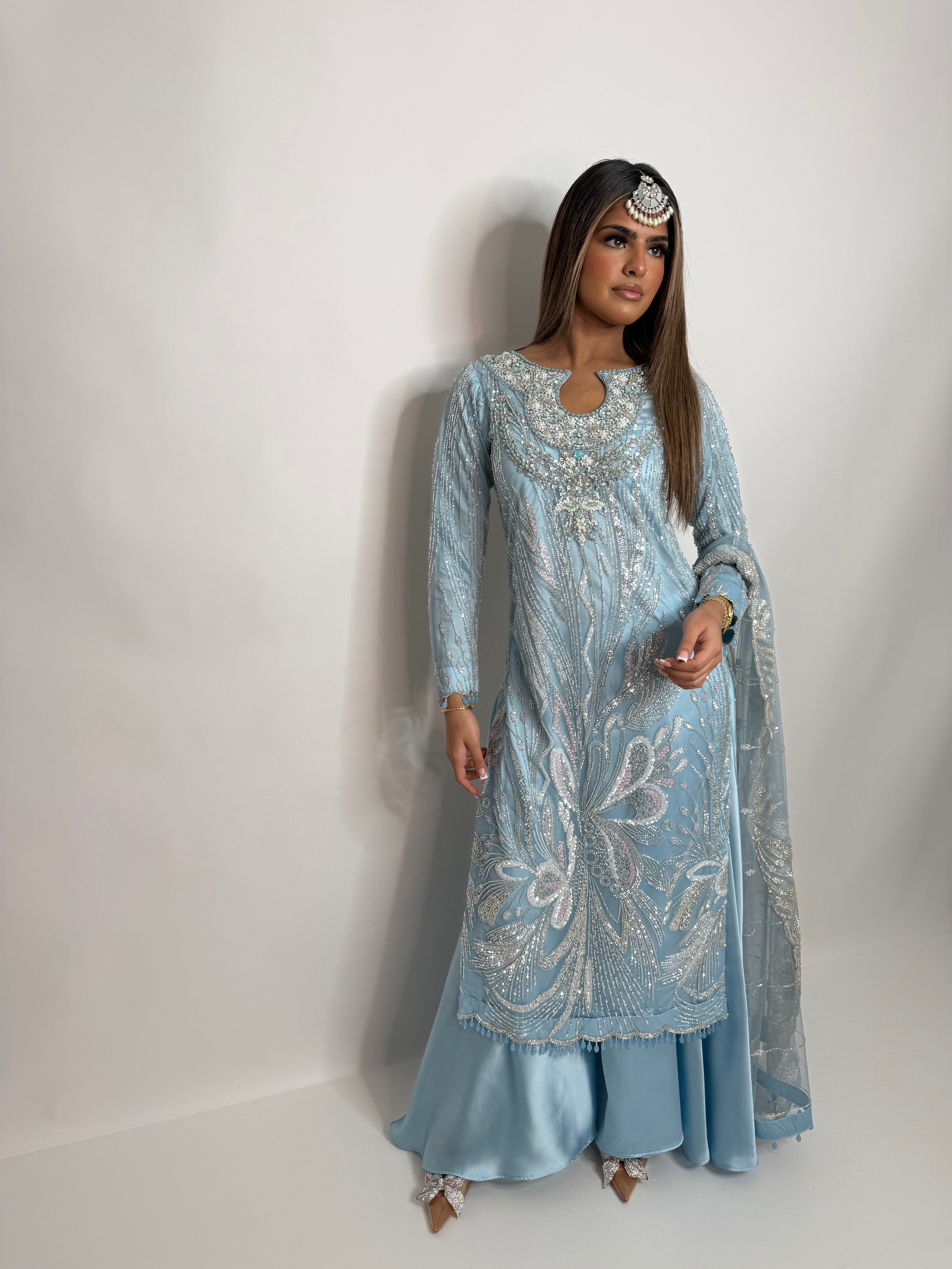 Ice Blue Cutdana Sharara Three Piece Suit UK | The Orlienne