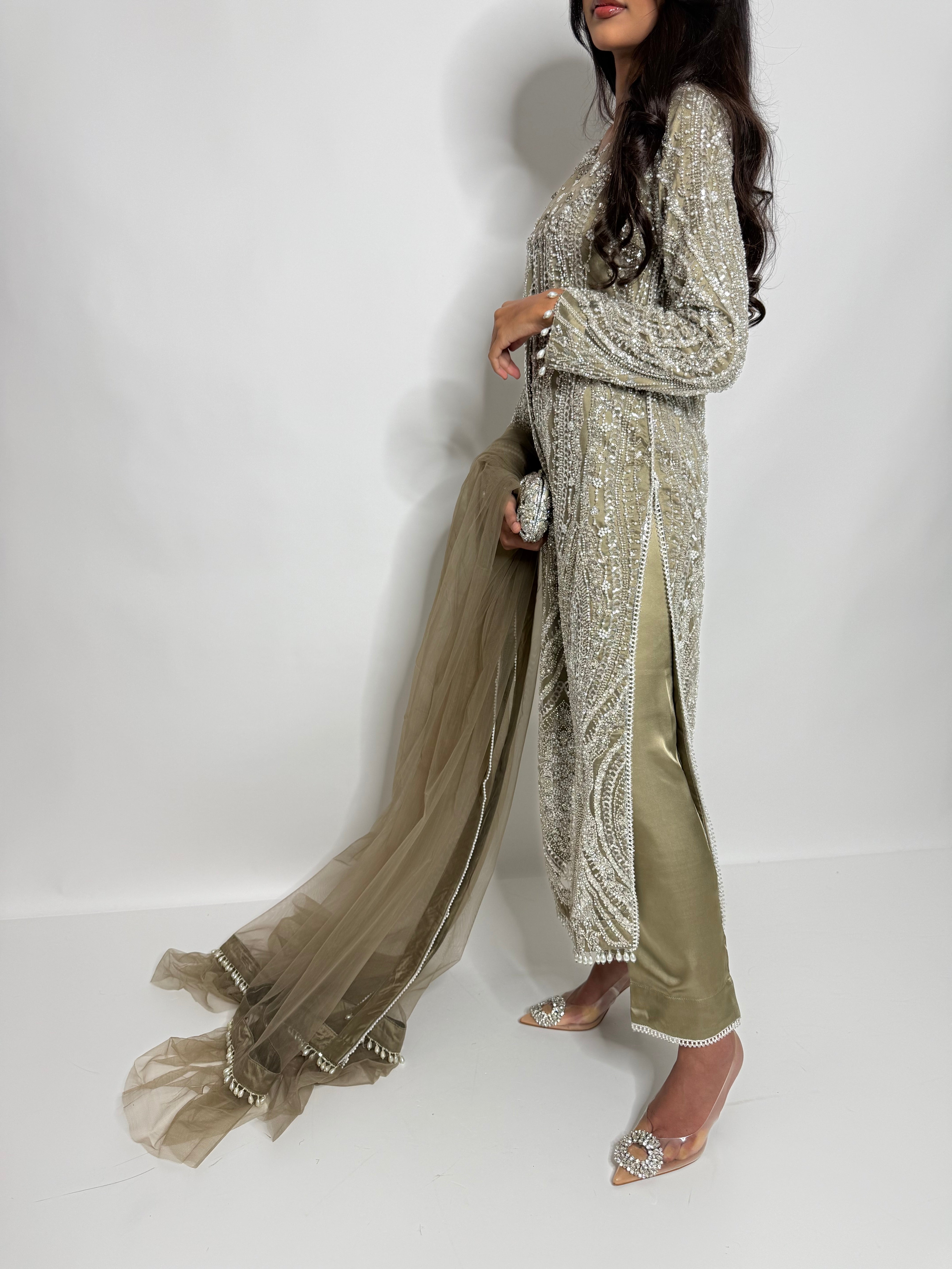 Olive Cutdana Embroidered Three Piece Suit UK | The Celestielle