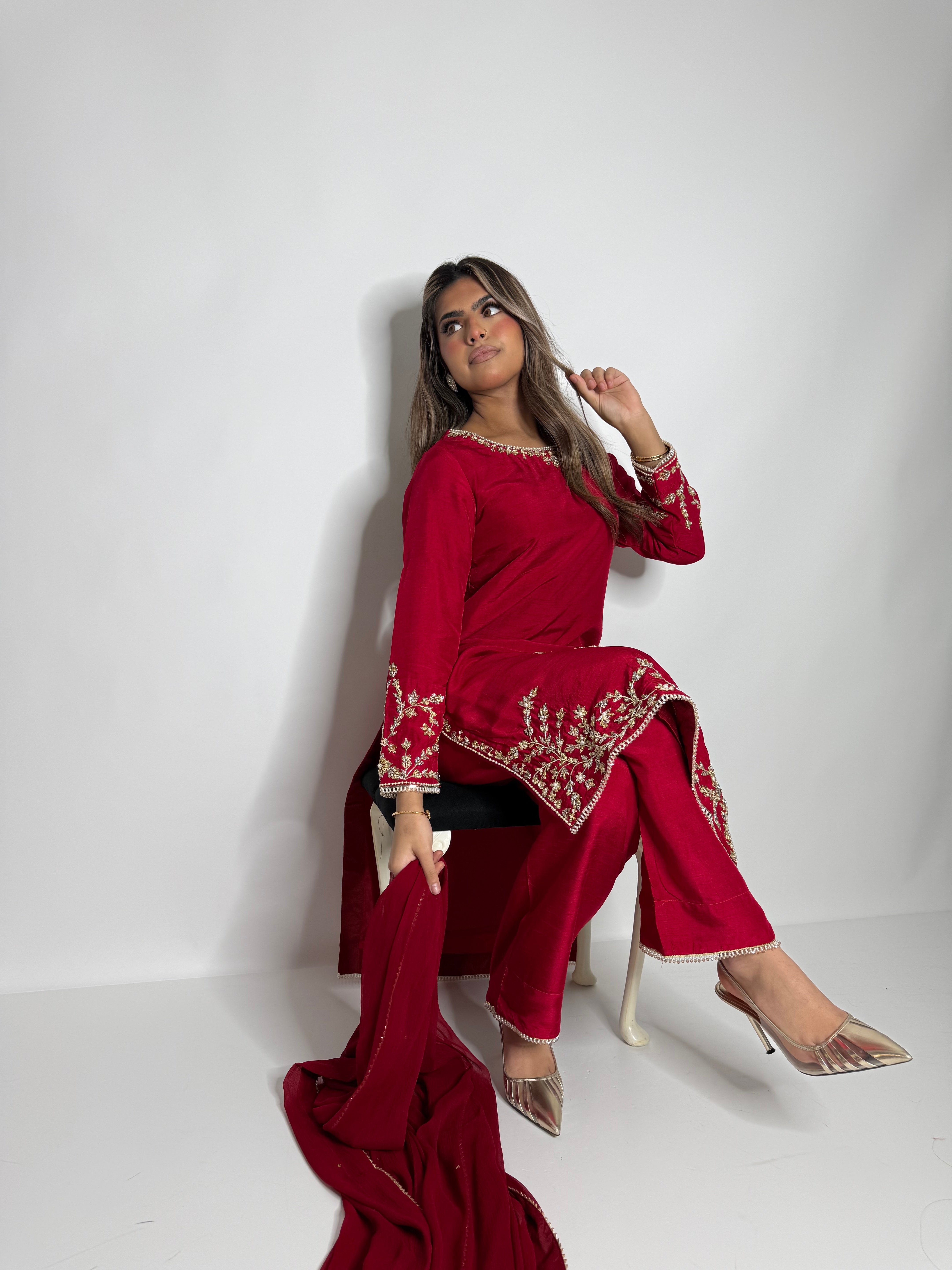 CRIMSON SILK ASYMMETRICAL THREE PIECE SUIT UK | THE SERAPHINA