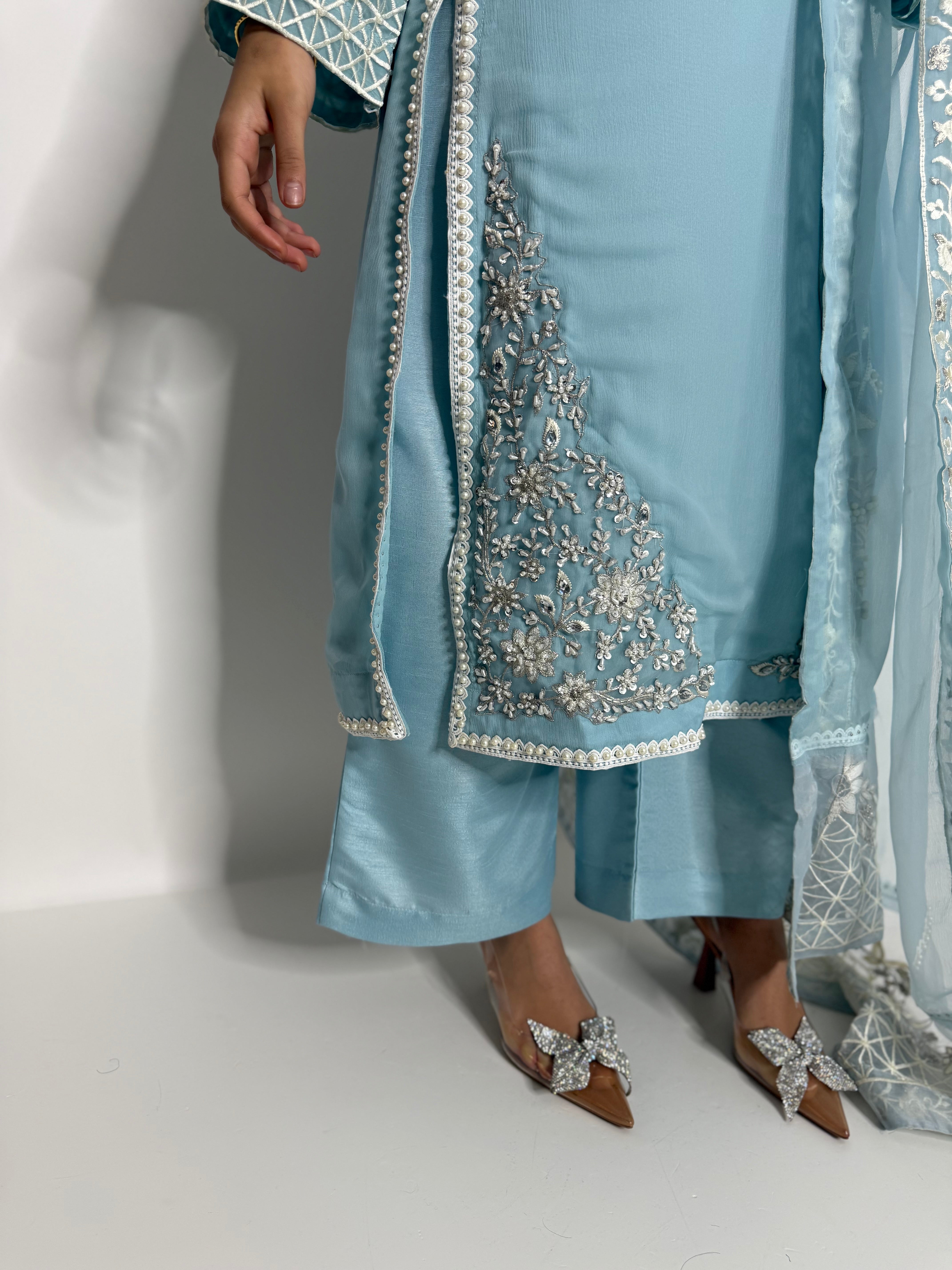 CELESTIAL BLUE CHIFFON THREE PIECE SUIT UK | THE ALARISSE
