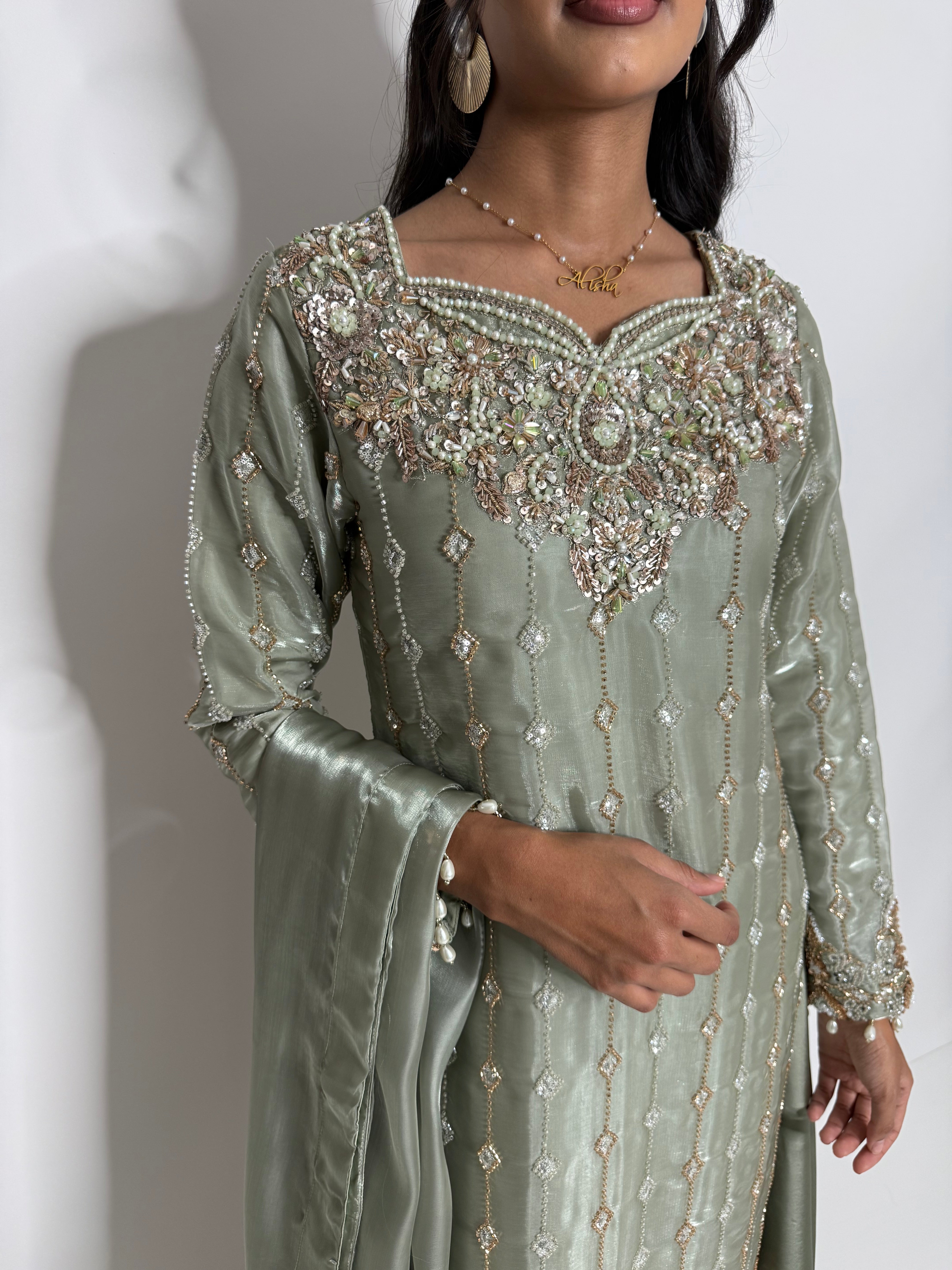 MAHZABIN | Sage Silk Sharara with Cutdana Embroidery