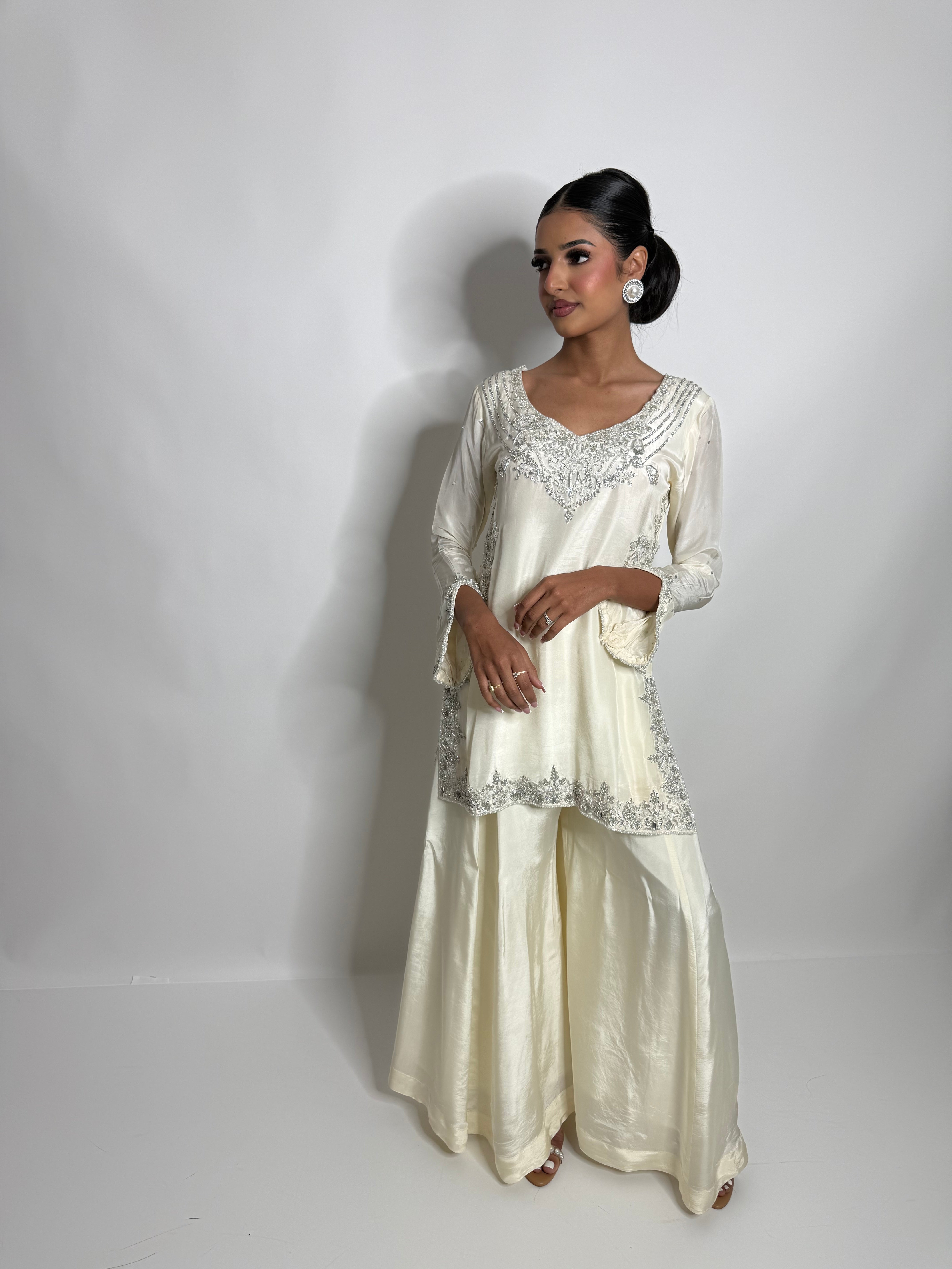 Elira | Luxury Pakistani Ivory Silk Sharara Suit UK | Y2K Wedding Guest Outfit