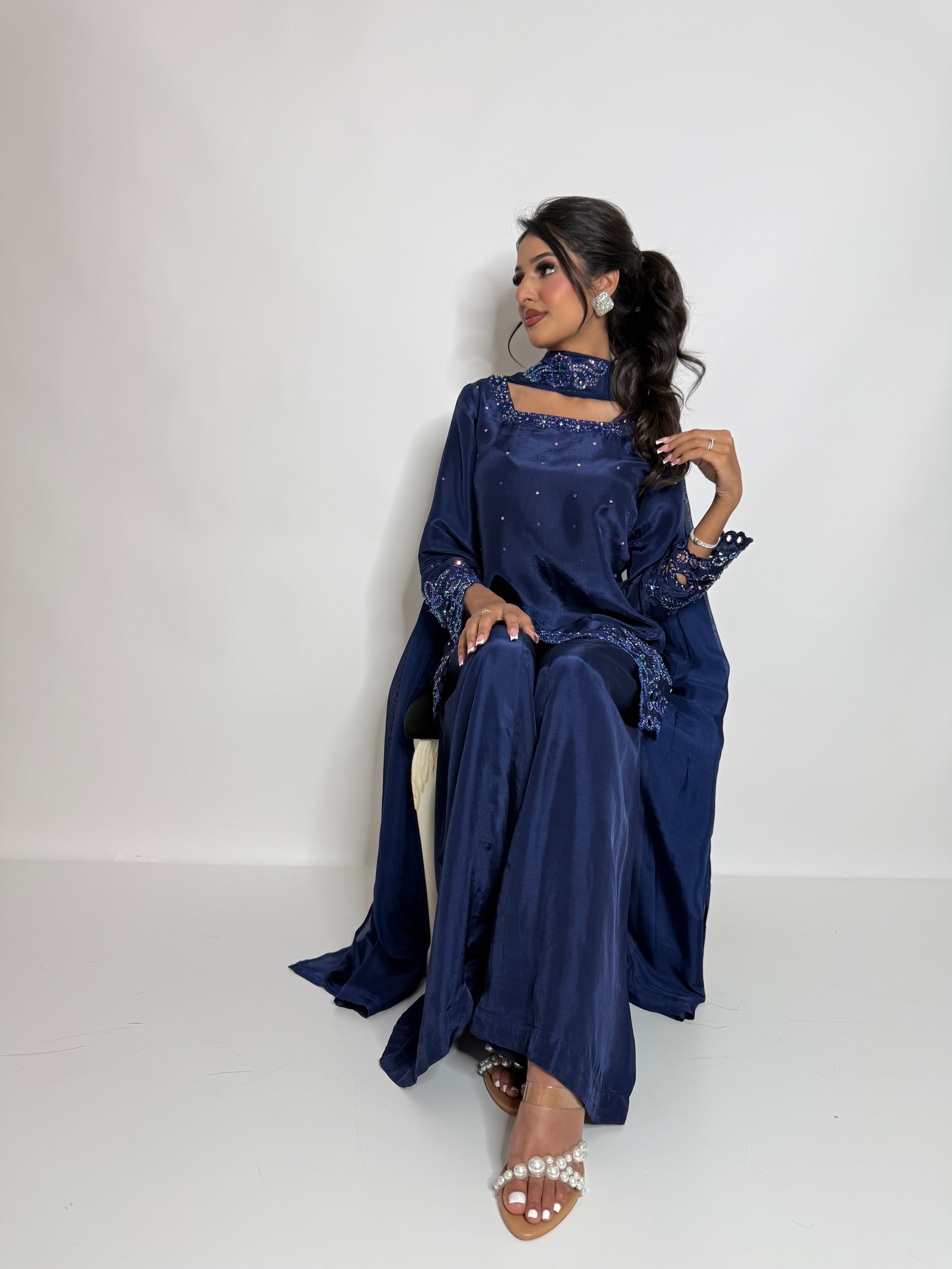ZARMINA | Luxury Pakistani Navy Silk Sharara Suit UK | Wedding Guest, Eid & Formal Occasion Wear