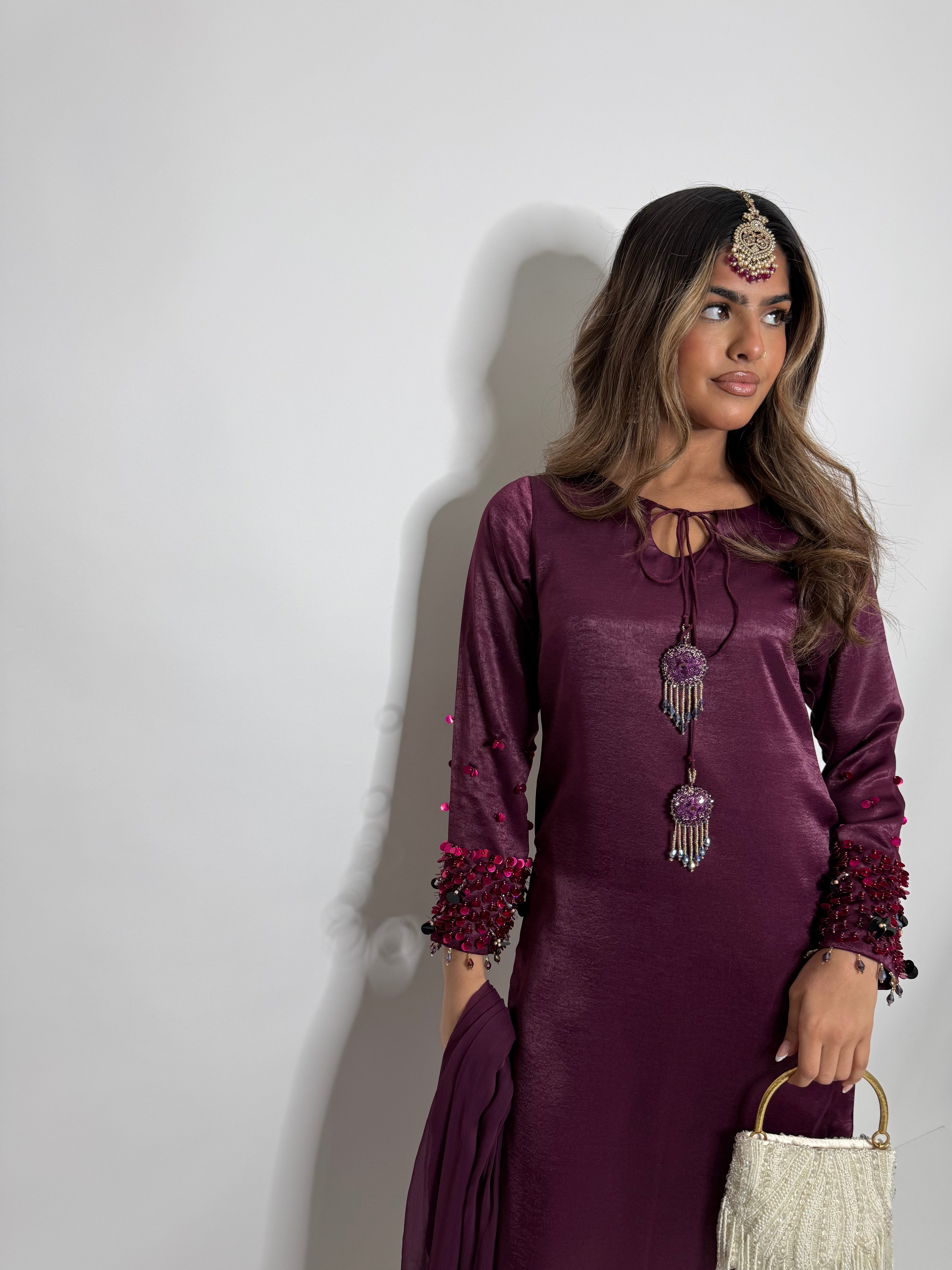 PLUM SILK THREE PIECE SUIT UK | THE MAHIRA VÉLOUR