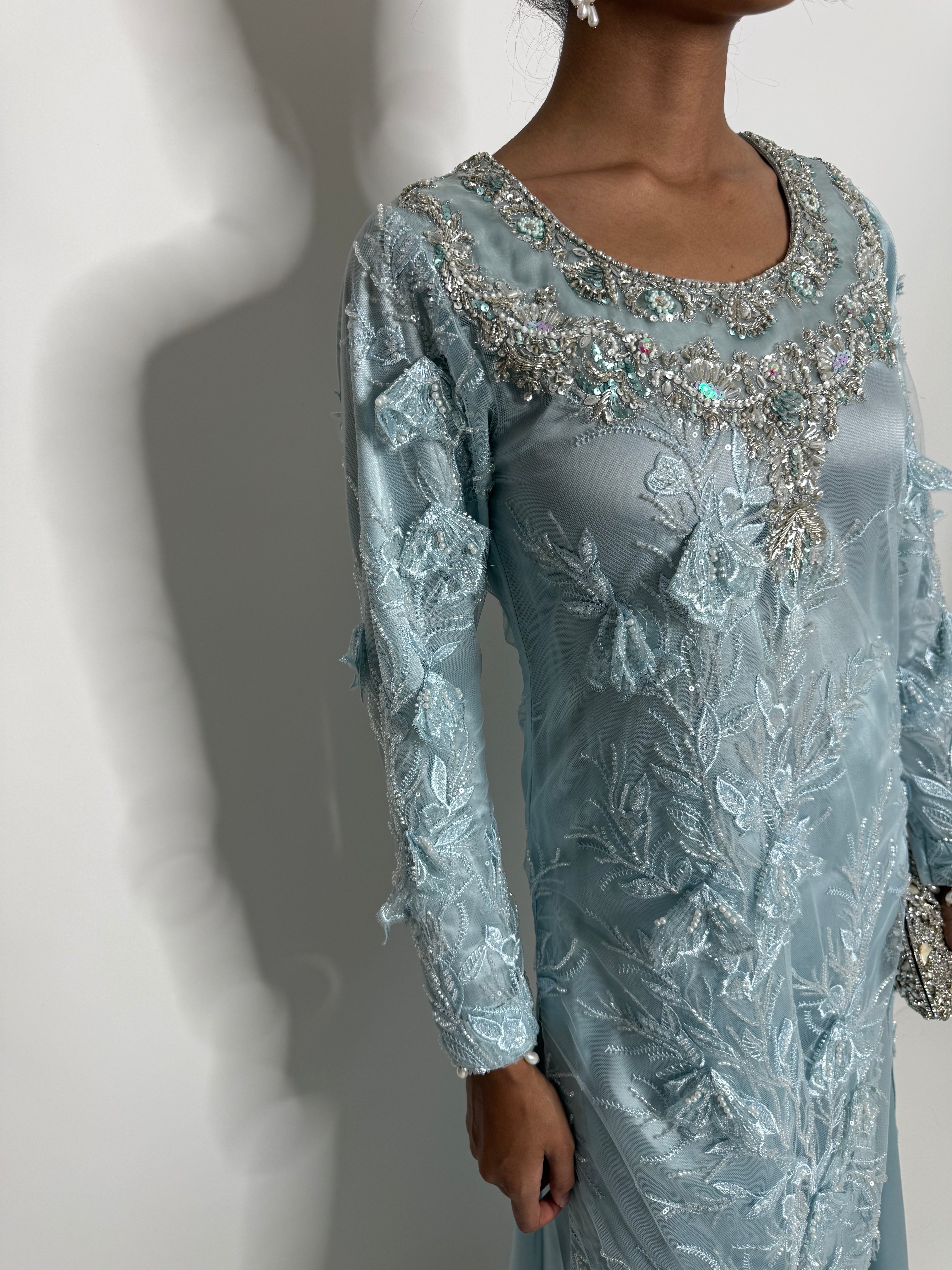 Azurielle | Luxury Pakistani Ice Blue Silk Sharara Suit UK | Wedding Guest & Eid Occasion Wear