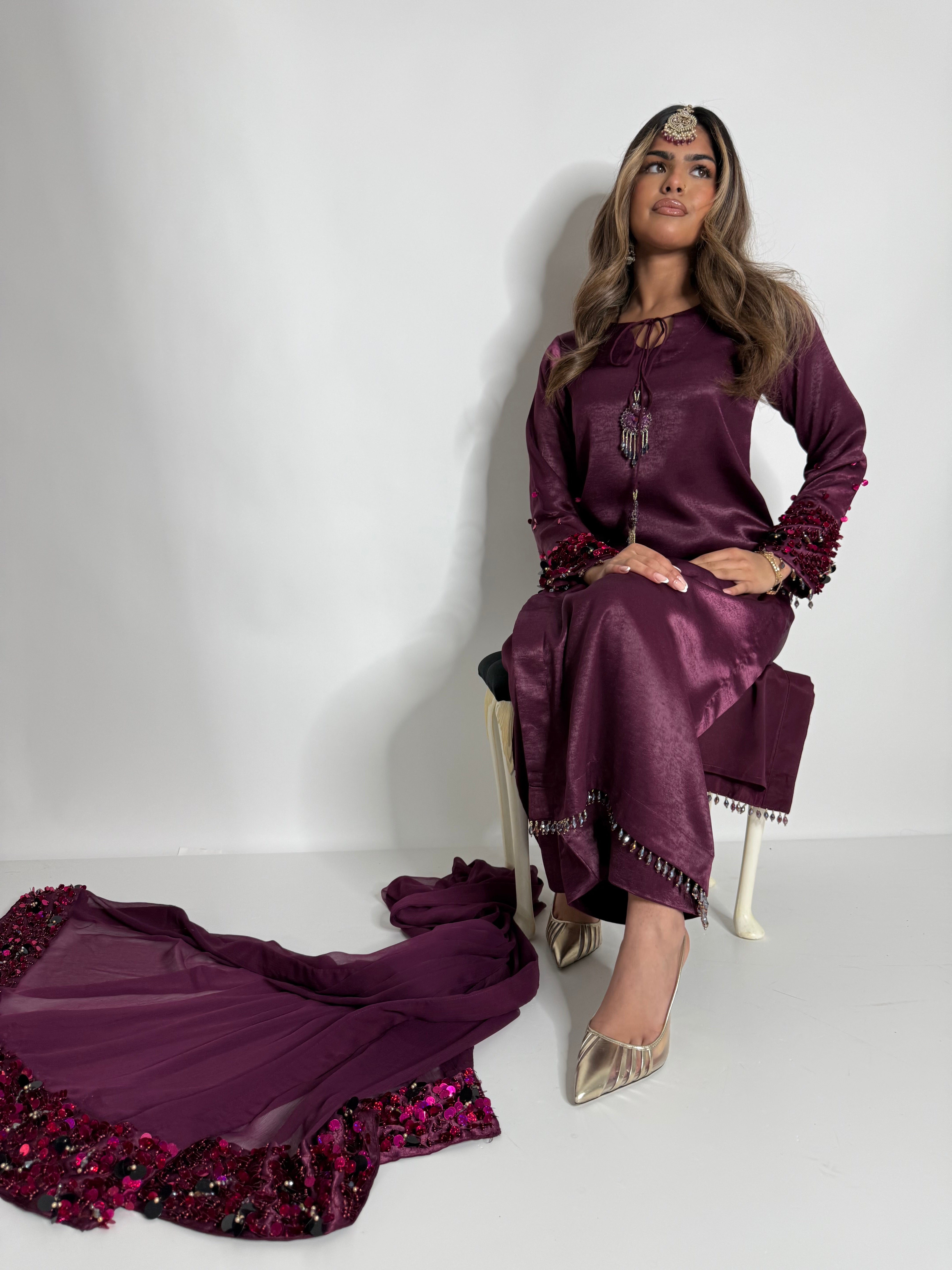 PLUM SILK THREE PIECE SUIT UK | THE MAHIRA VÉLOUR