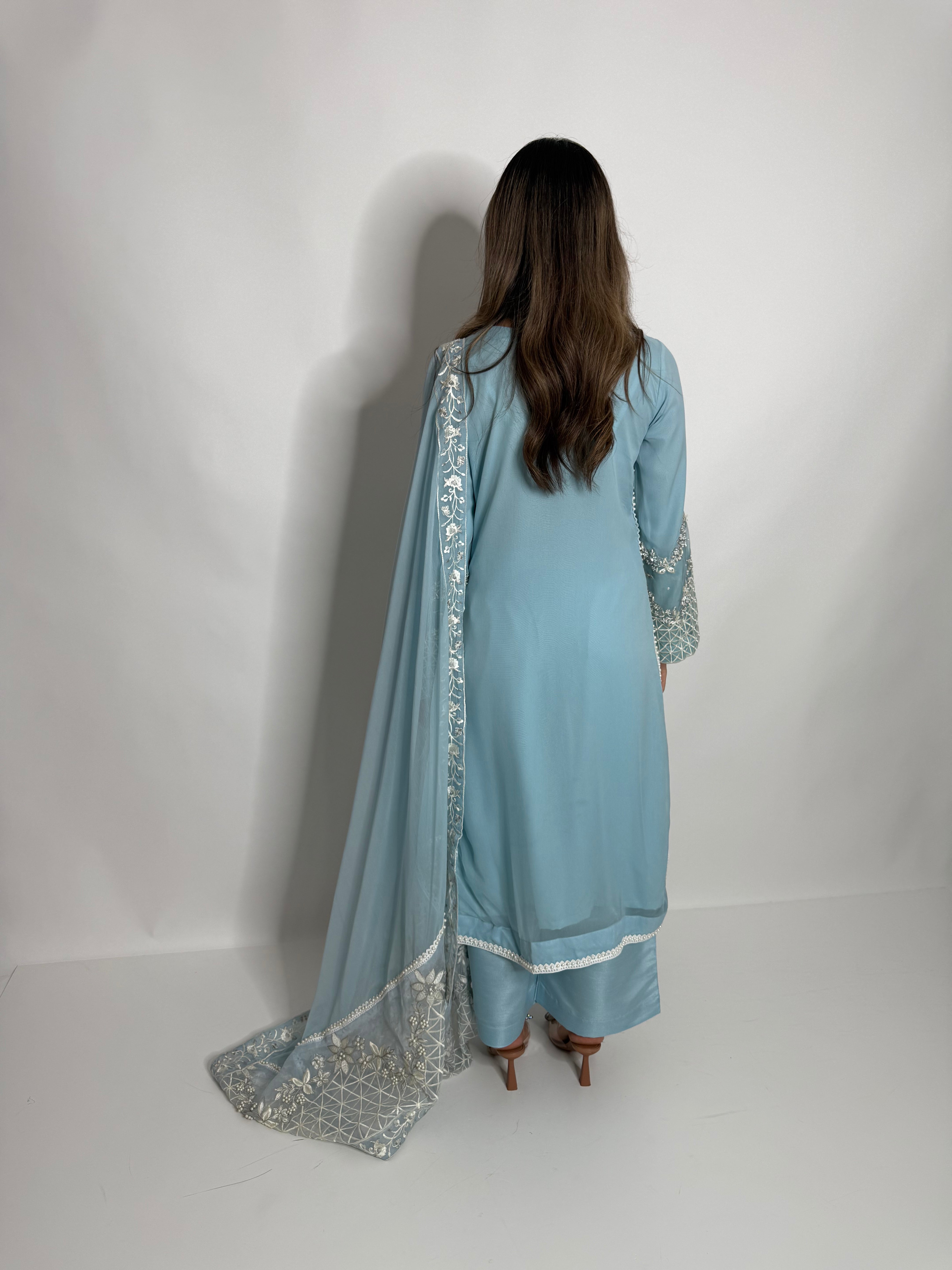 CELESTIAL BLUE CHIFFON THREE PIECE SUIT UK | THE ALARISSE