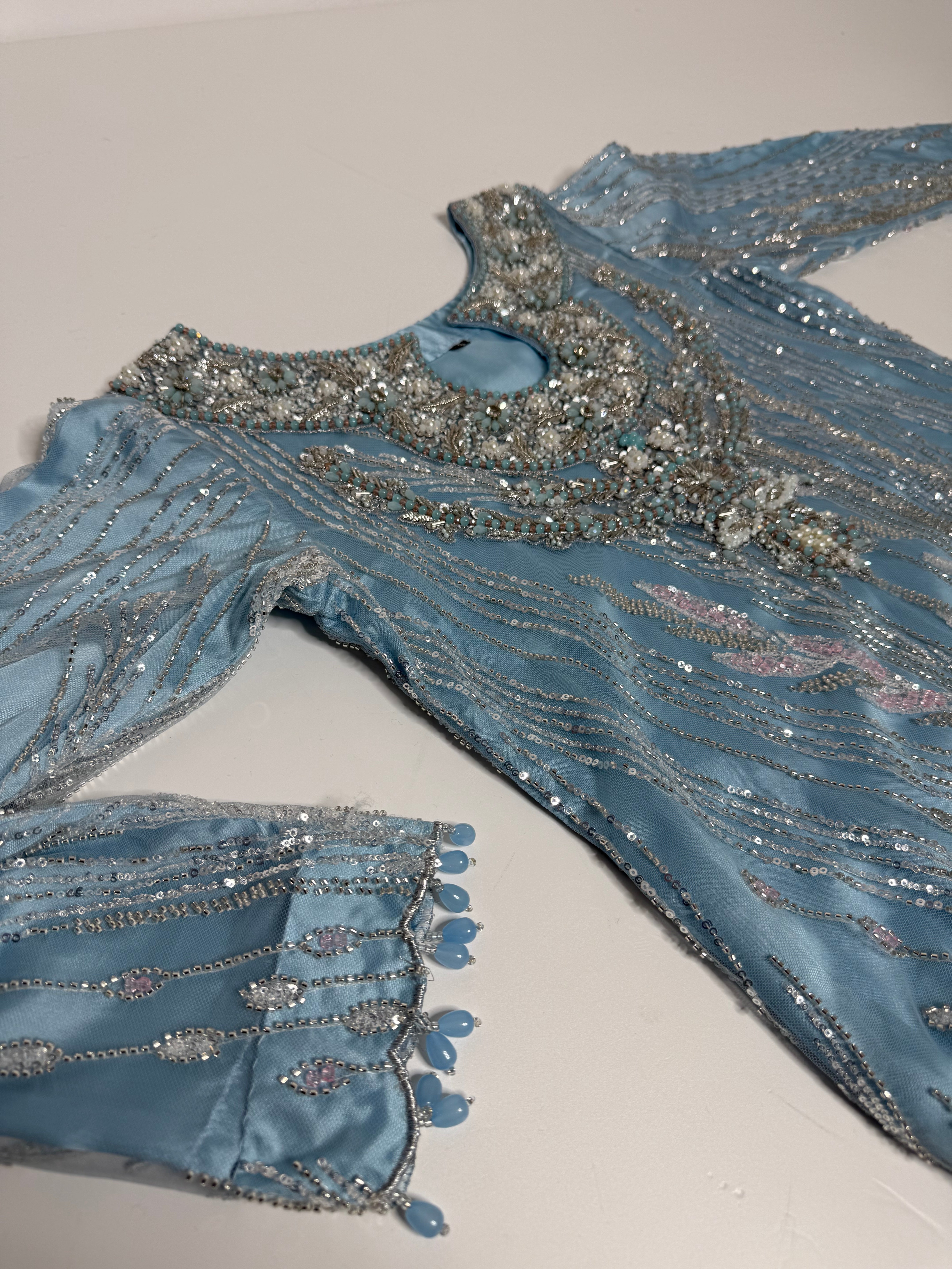 Ice Blue Cutdana Sharara Three Piece Suit UK | The Orlienne