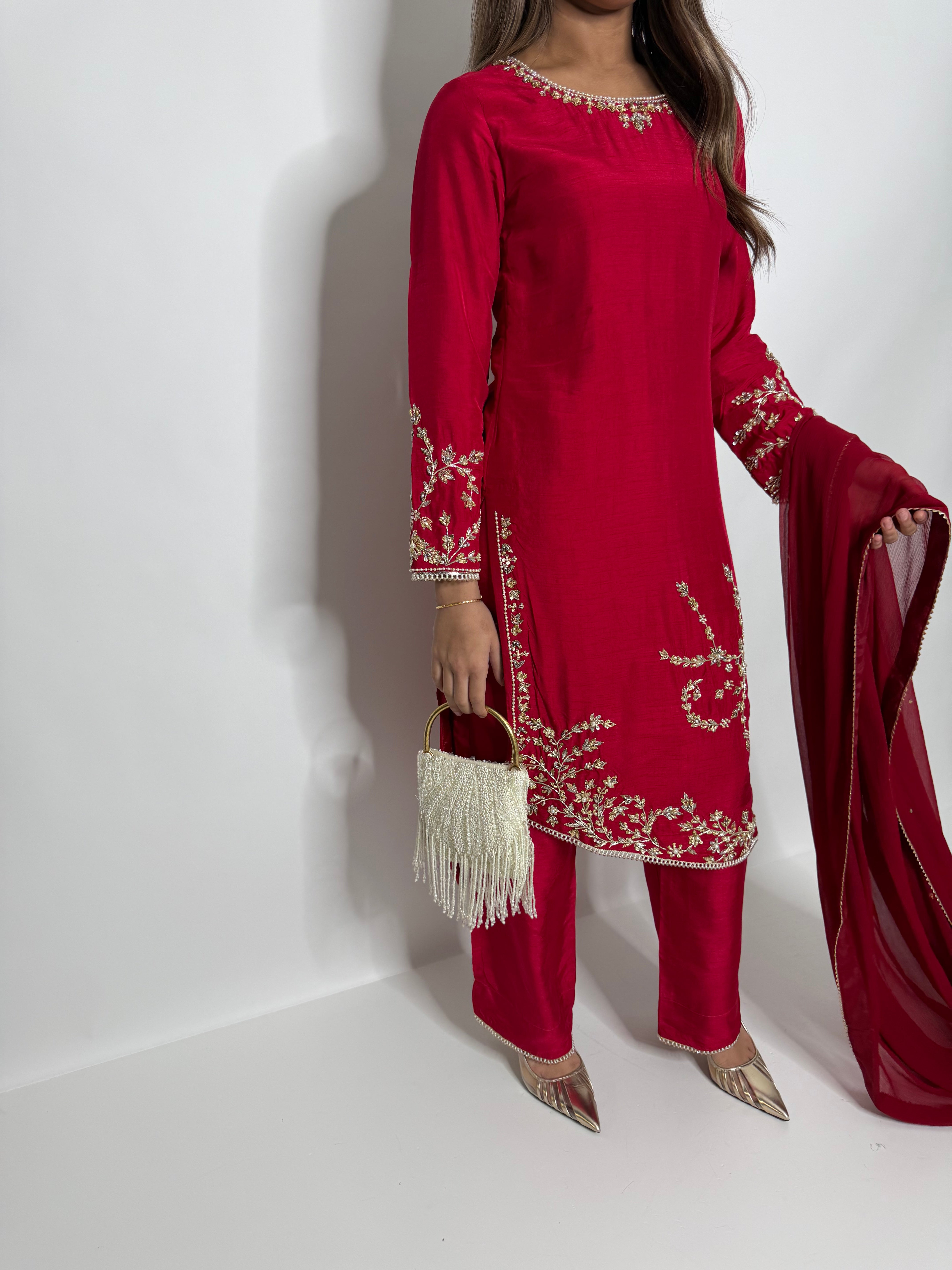 CRIMSON SILK ASYMMETRICAL THREE PIECE SUIT UK | THE SERAPHINA