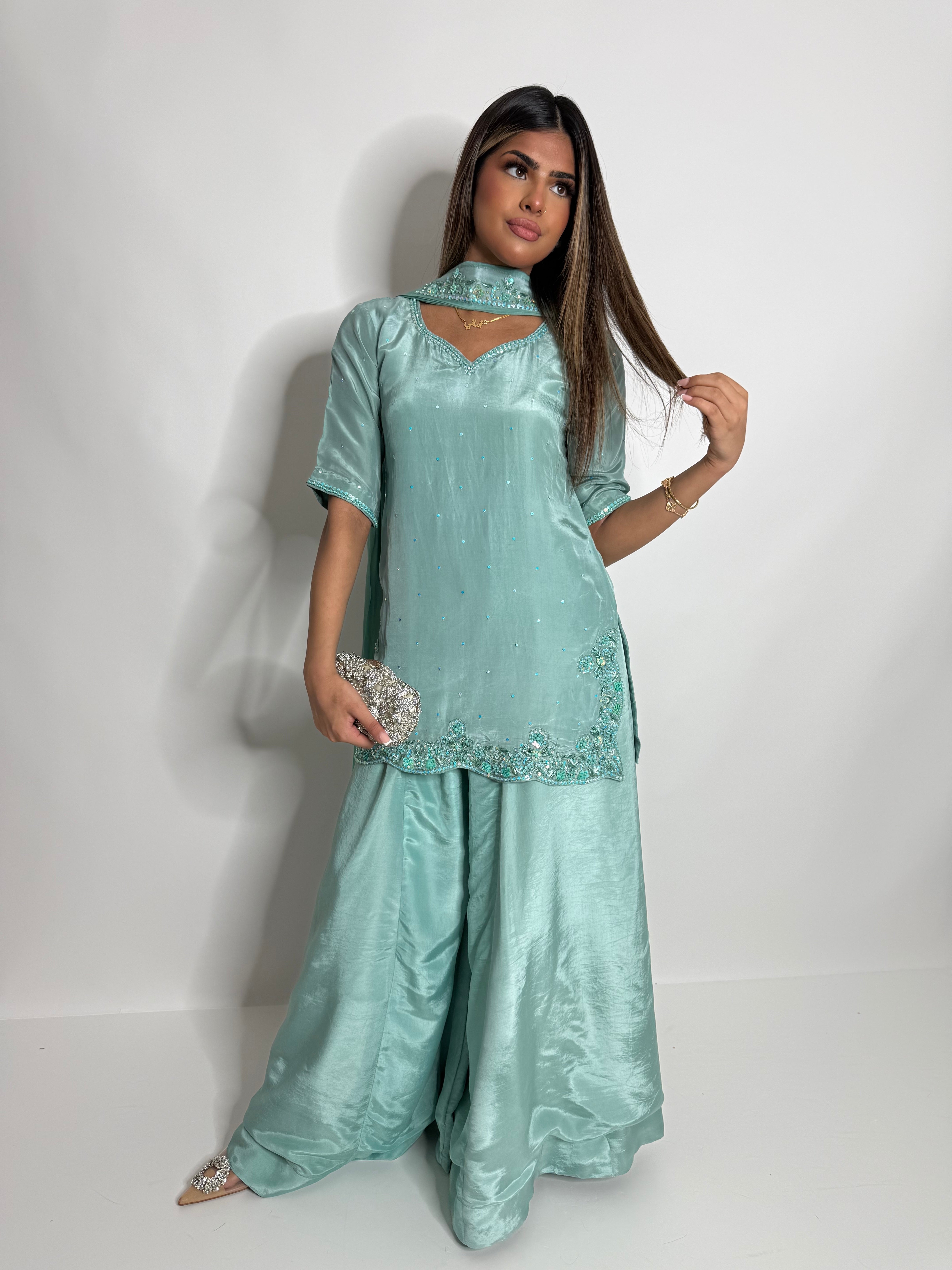 Hooré | Pakistani Mint Silk Sharara Suit UK | Wedding Guest, Eid & Party Wear