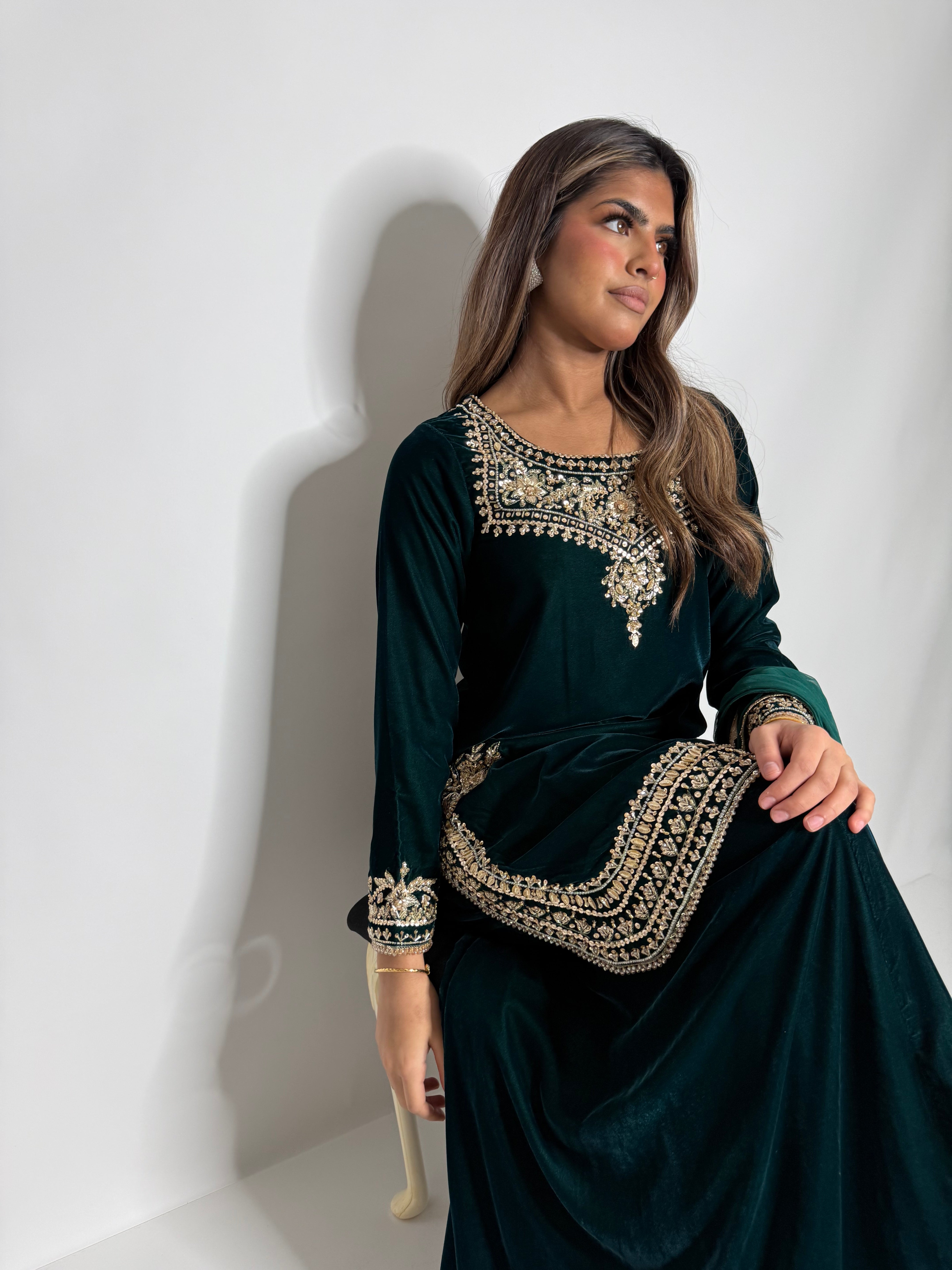 EMERALD MICRO VELVET SHARARA THREE PIECE SUIT UK | THE VARELLA