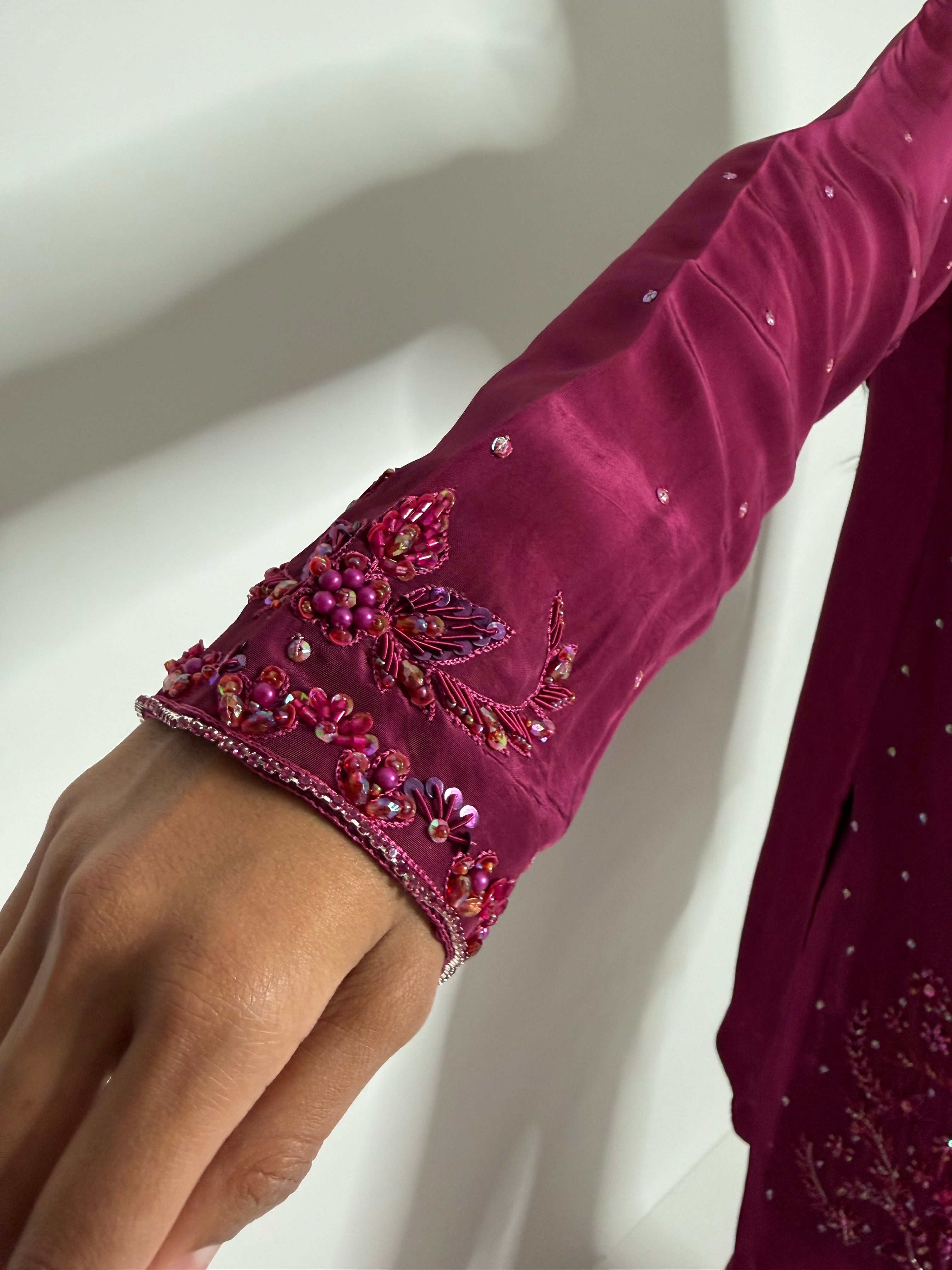 Mahveen | Luxury Pakistani Magenta Silk Sharara Suit UK | Hand Embroidered Wedding Guest & Eid Occasion Wear