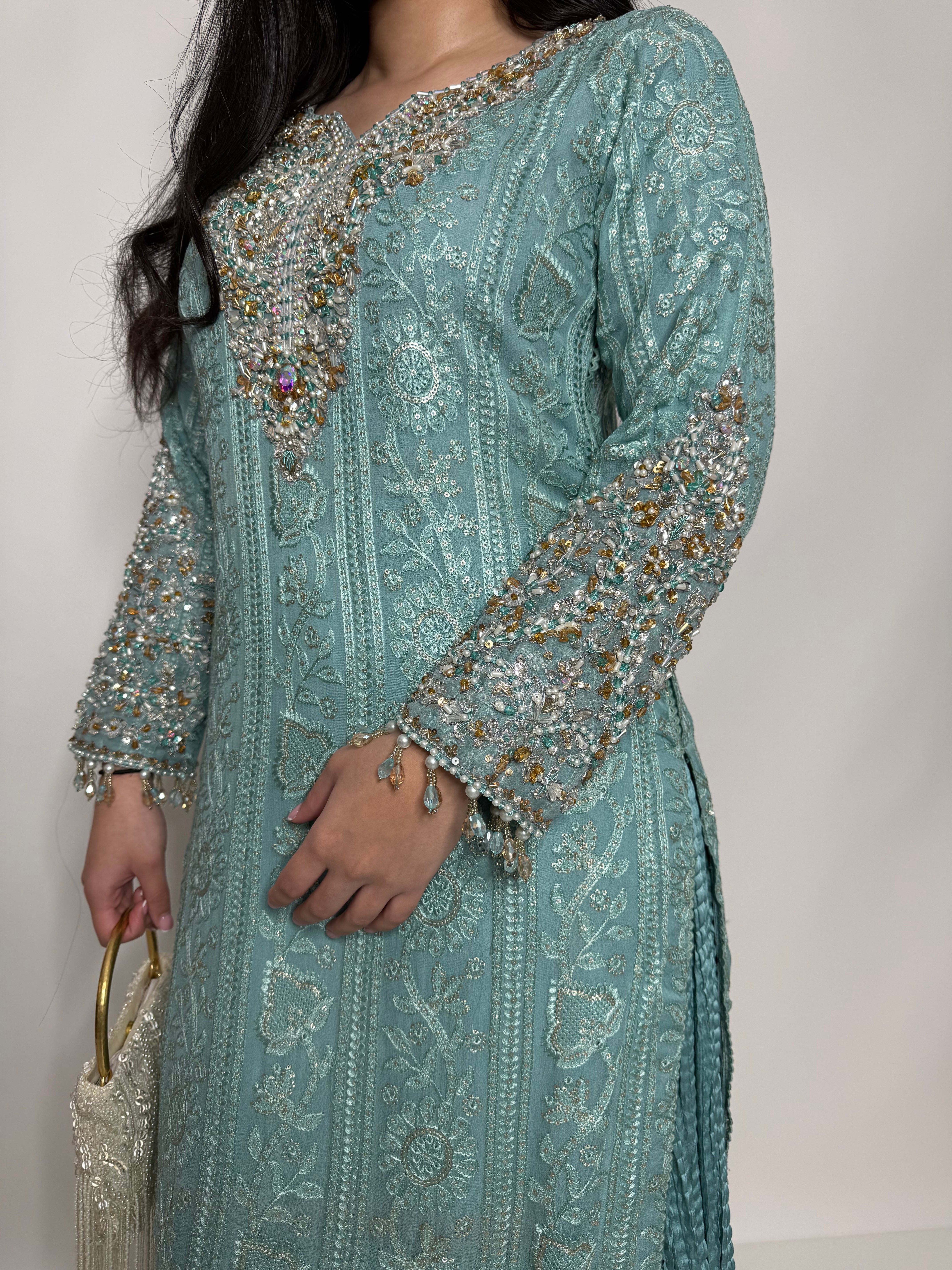 MINT GREEN CHIKANKARI SHARARA THREE PIECE SUIT UK | THE AZMIRA