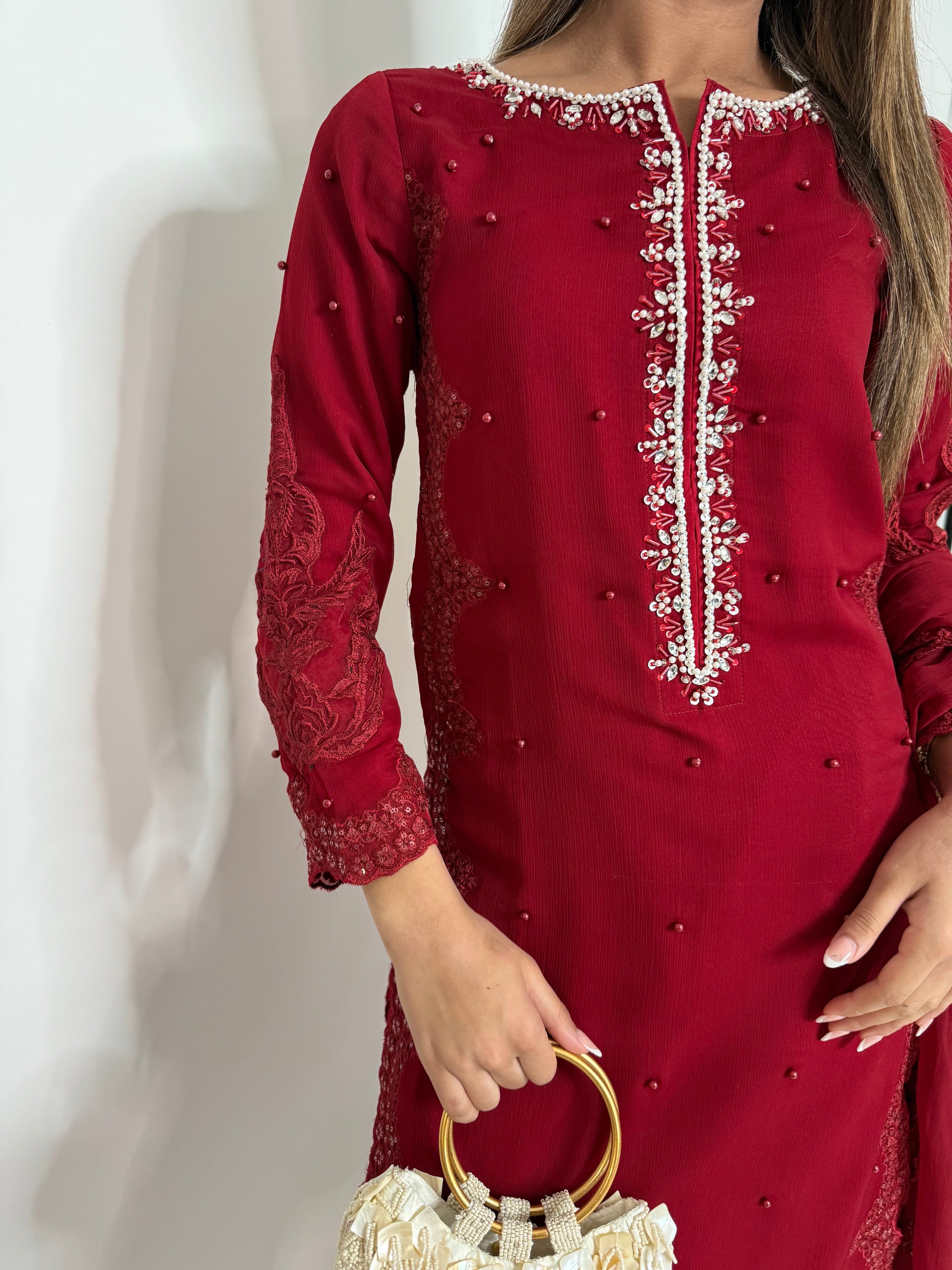 RED EMBROIDERED THREE PIECE SUIT UK | THE AMARA RUE