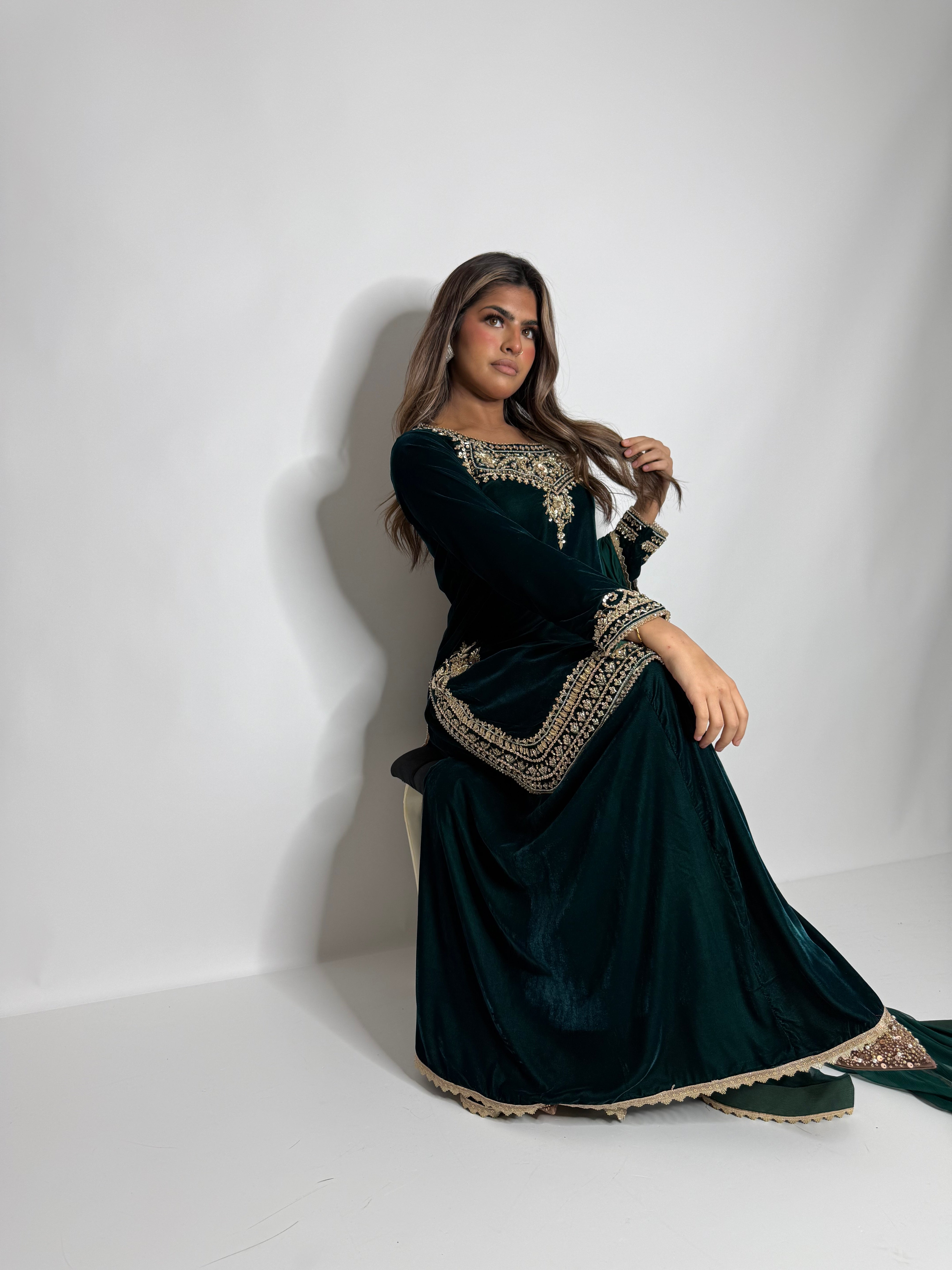 EMERALD MICRO VELVET SHARARA THREE PIECE SUIT UK | THE VARELLA