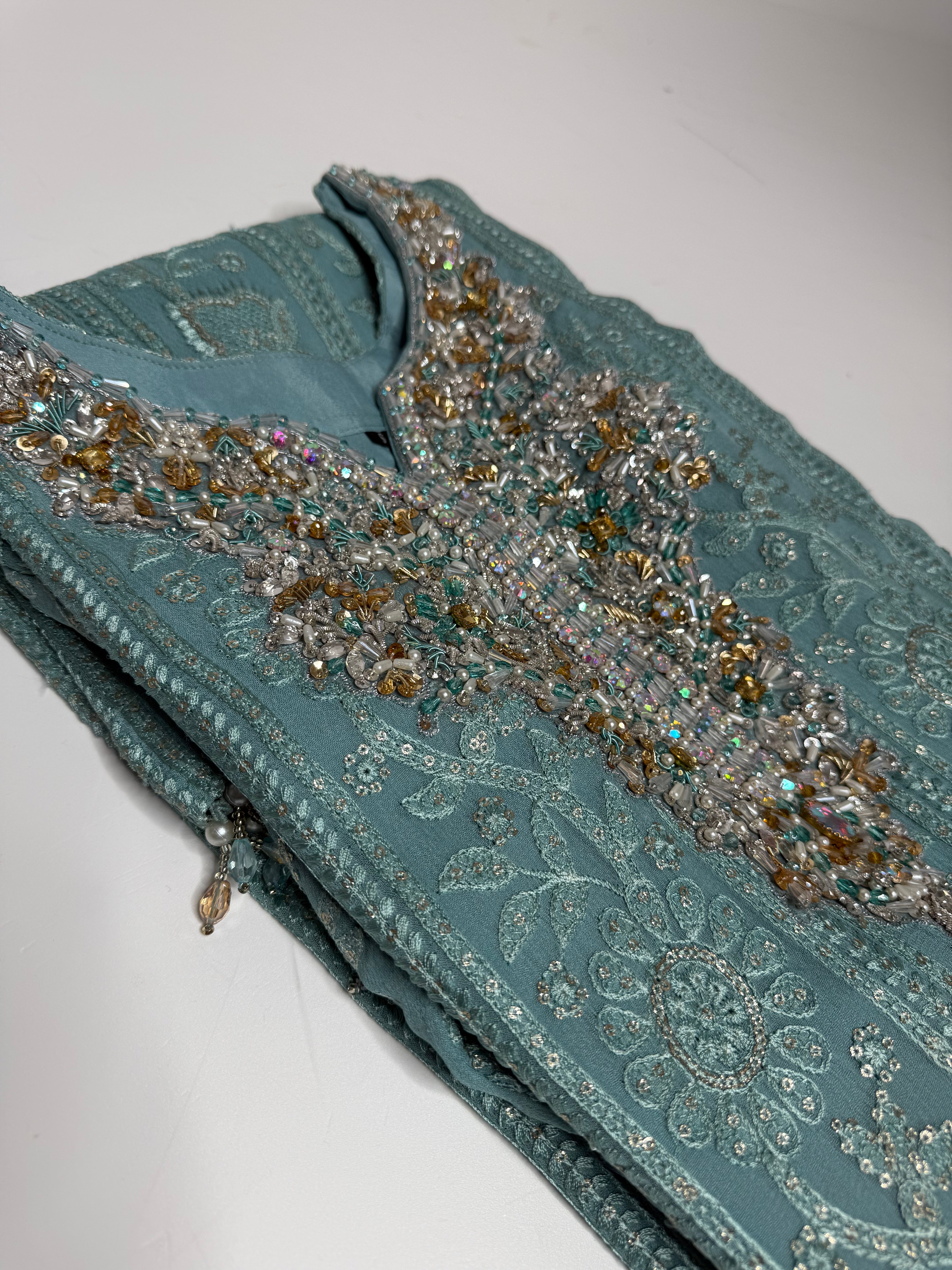 MINT GREEN CHIKANKARI SHARARA THREE PIECE SUIT UK | THE AZMIRA