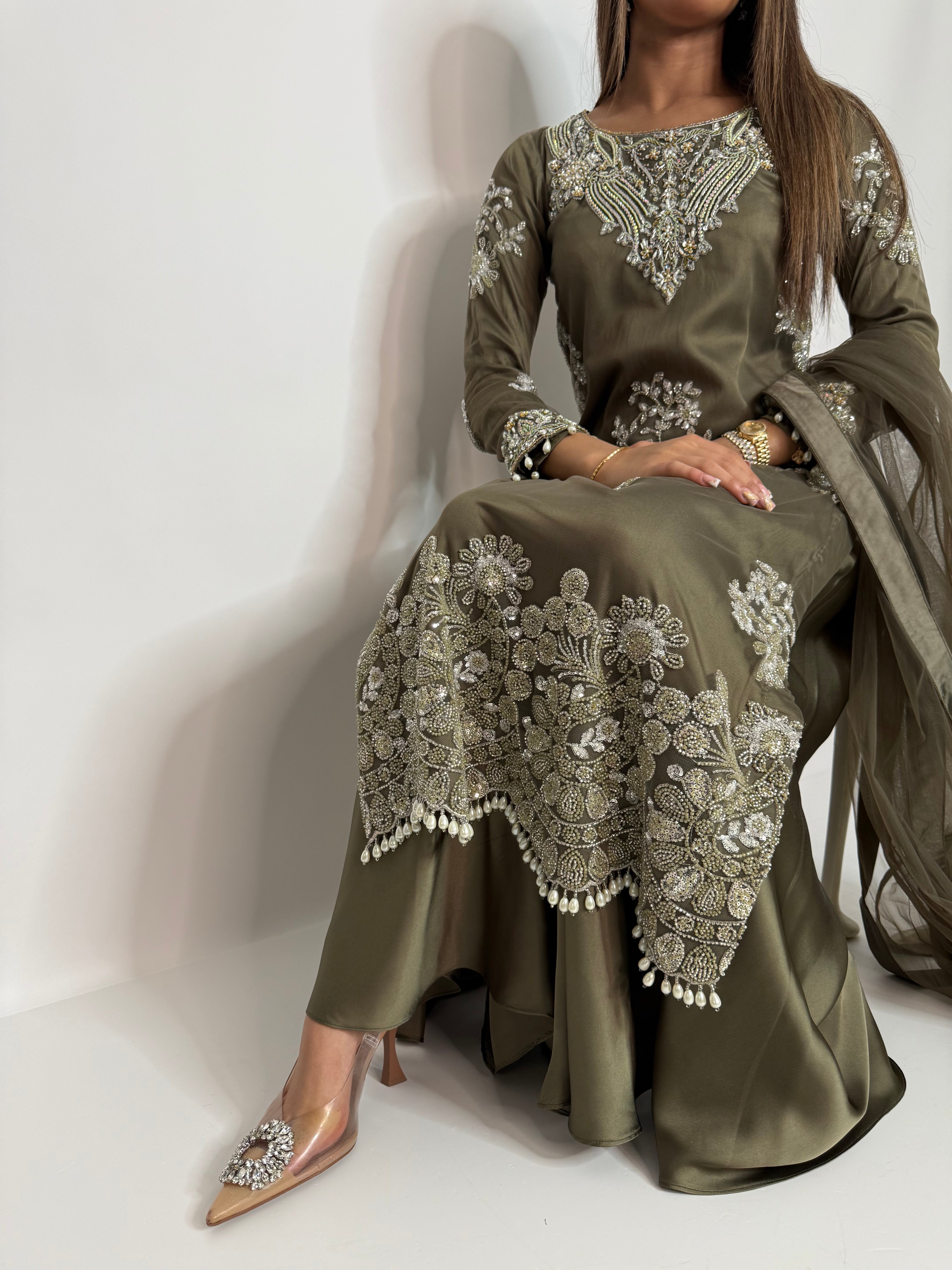 Olive Luxe Embroidered Sharara Suit UK | The Arlisse